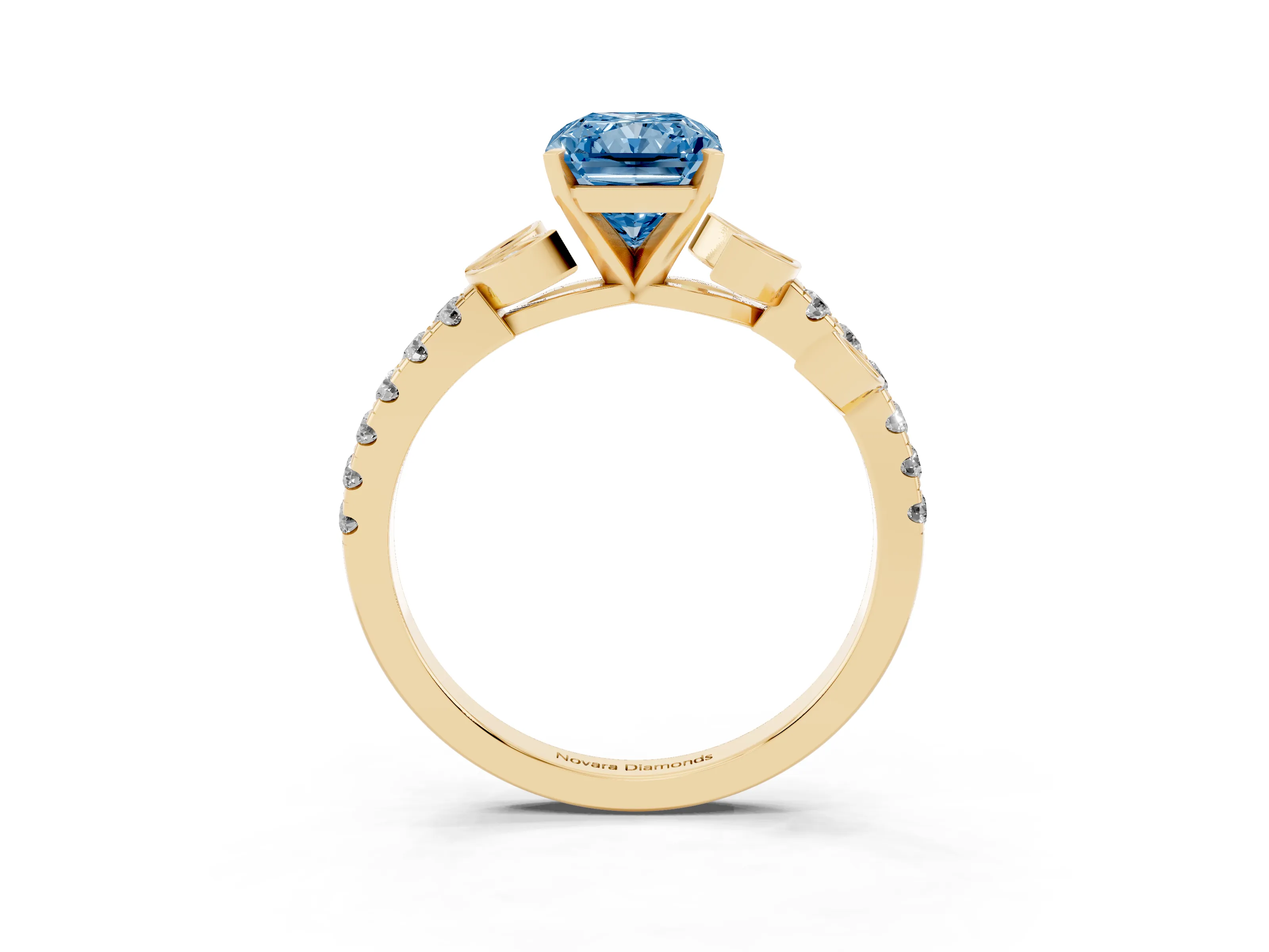 Fancy Blue Radiant Cut Diamond Solitaire Leaf-Inspired Ring Set in Yellow gold with Pavé Band and Prong Setting