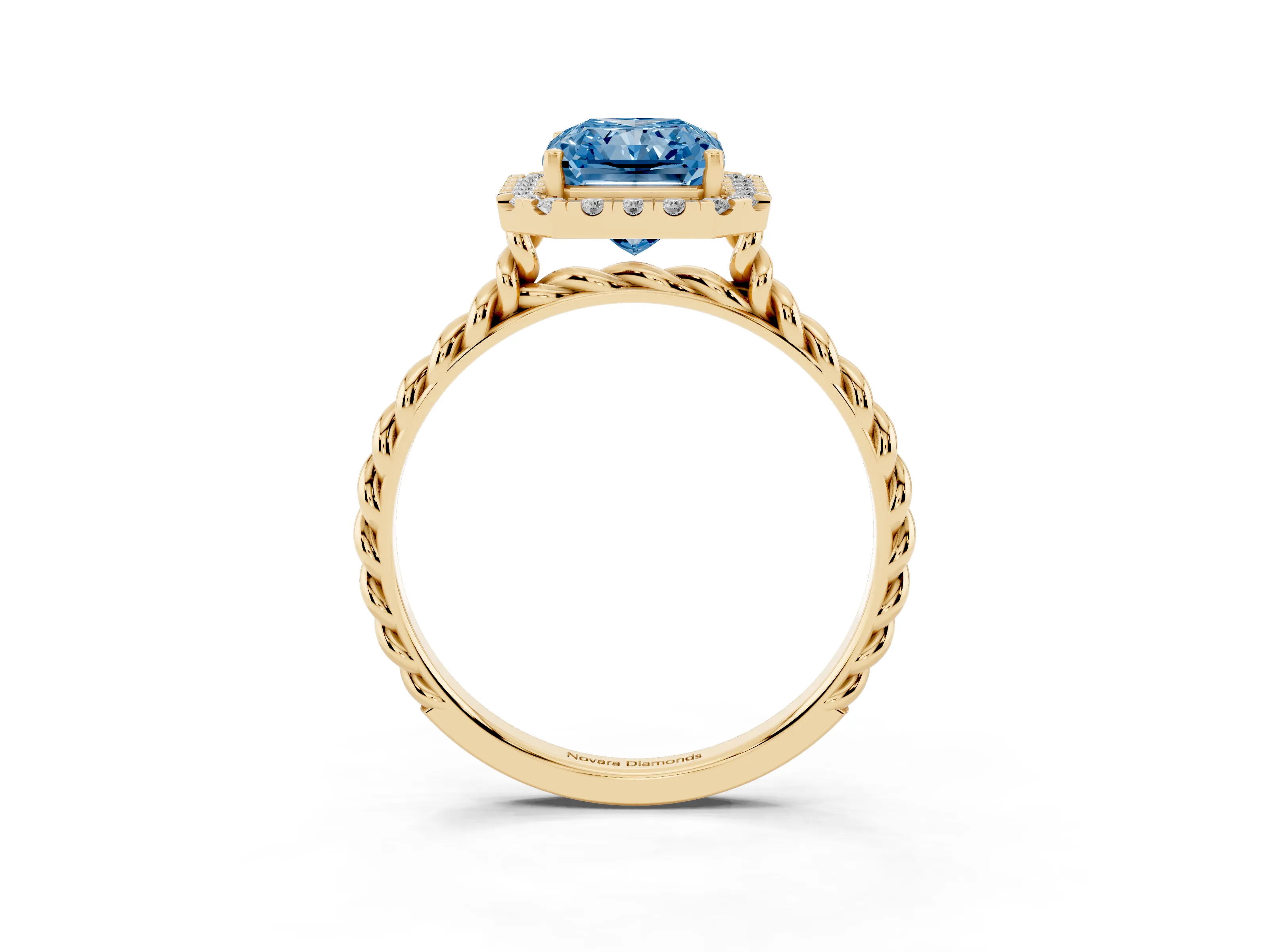 Fancy Blue Radiant Cut Diamond Halo Ring Set in Yellow gold with Plain Twisted Band