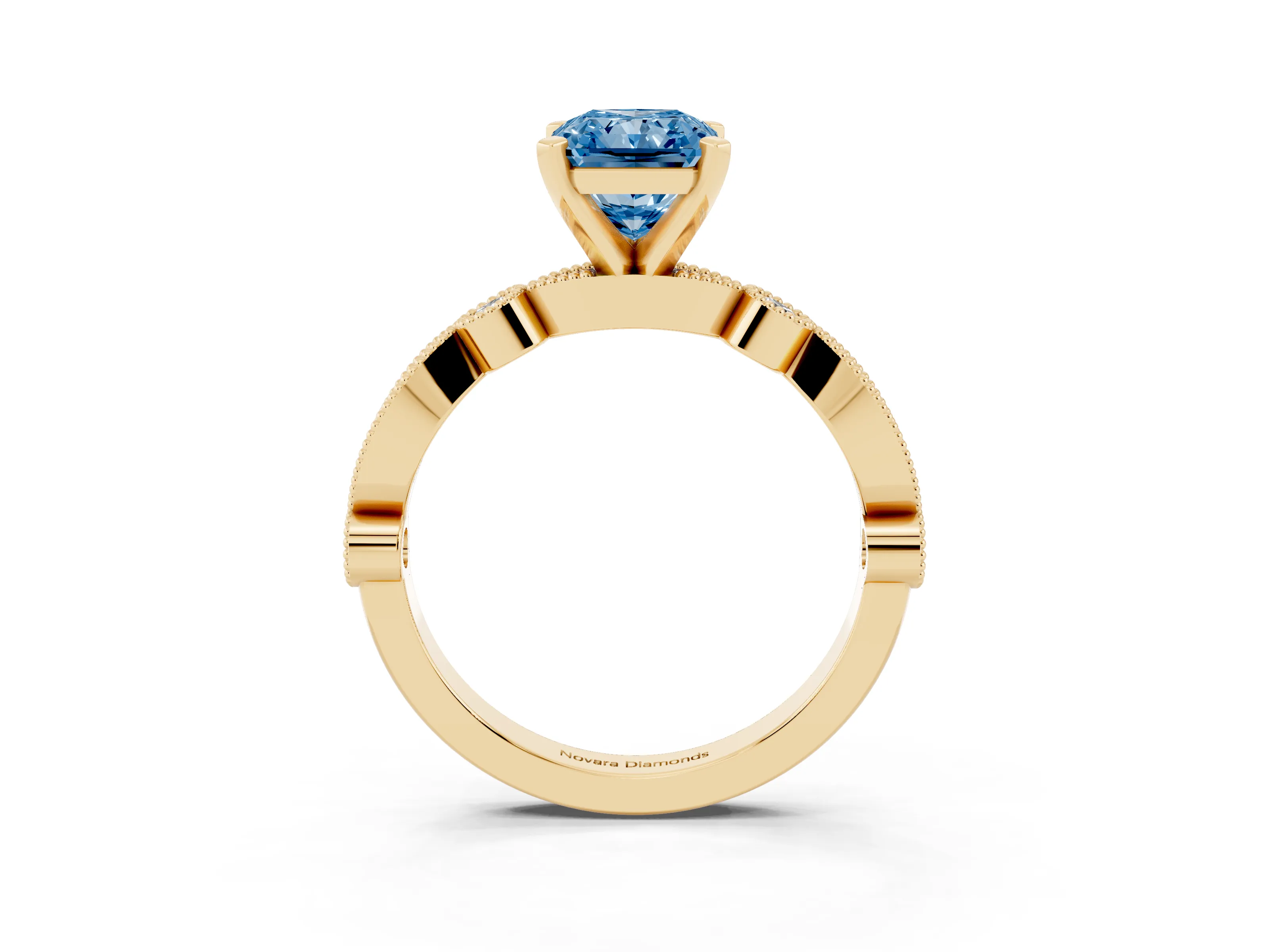 Fancy Blue Radiant Cut Diamond Solitaire Engagement Ring Set in Yellow gold with Milgrain Bezel Accent Band