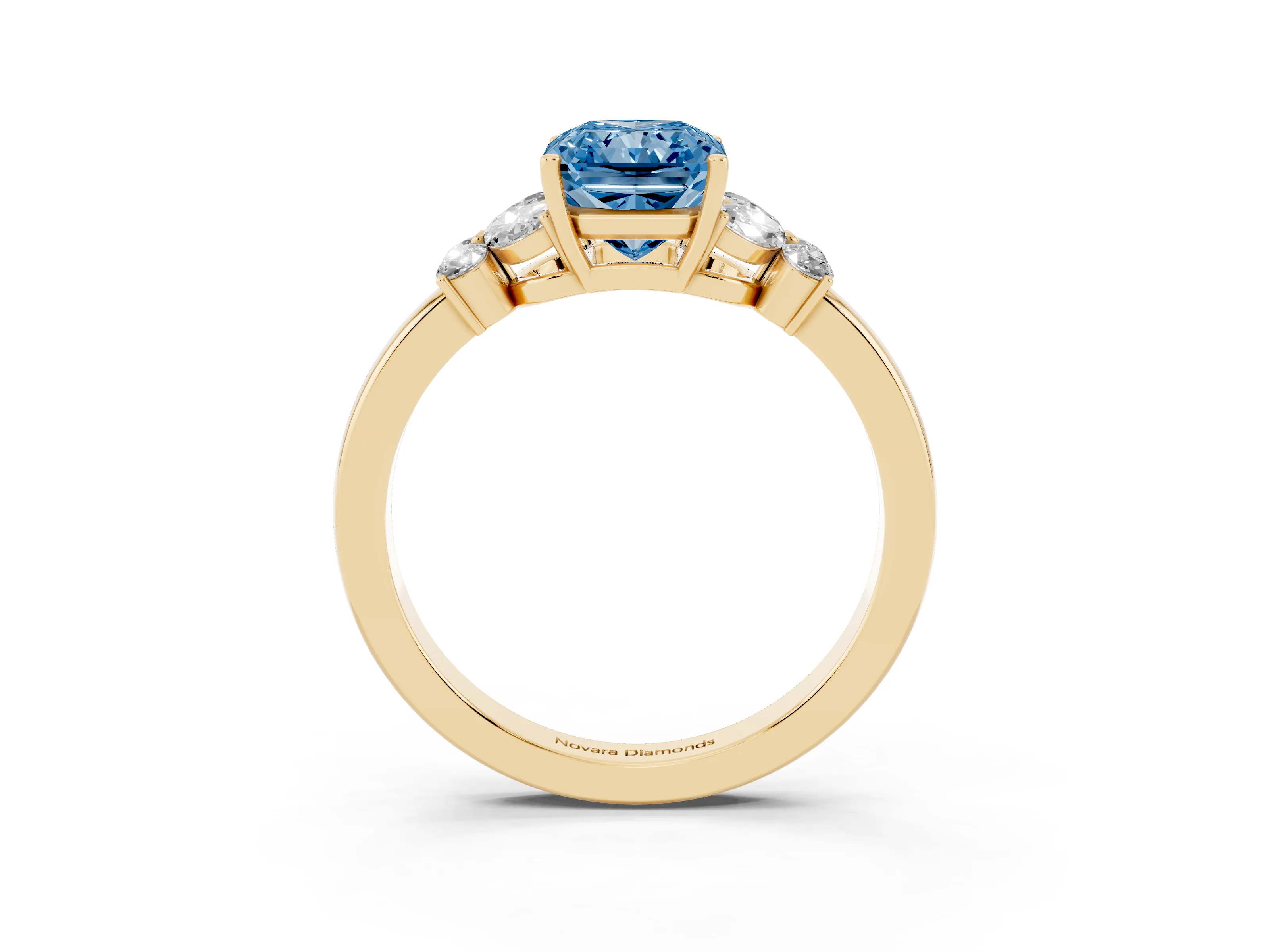 Fancy Blue Radiant Cut Diamond Solitaire Floral Ring Set in Yellow gold with Marquise Petals and Prong Setting