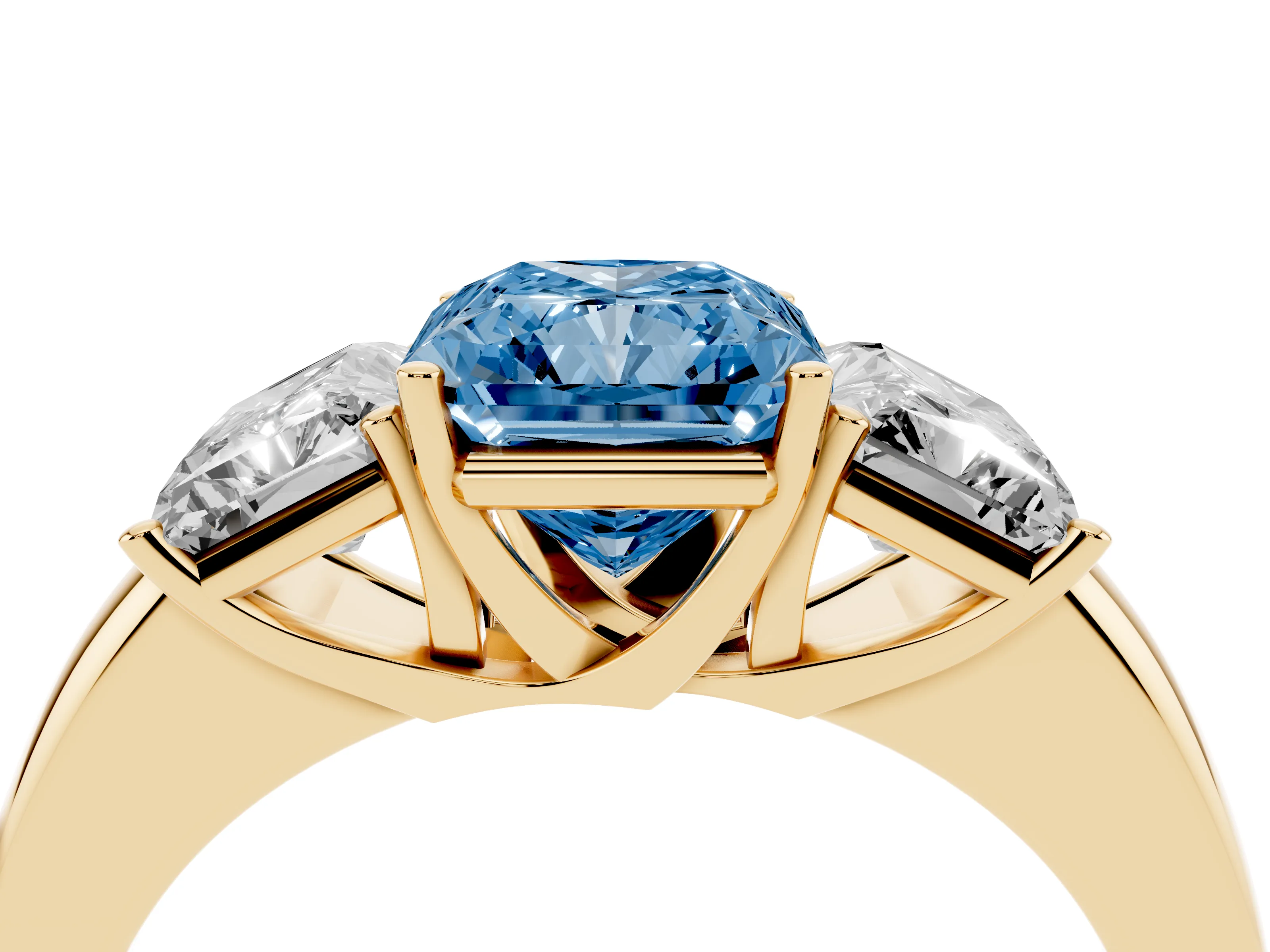 Fancy Blue Radiant Cut Diamond Three-Stone Ring Set in Yellow gold with Bold Center and Classic Band