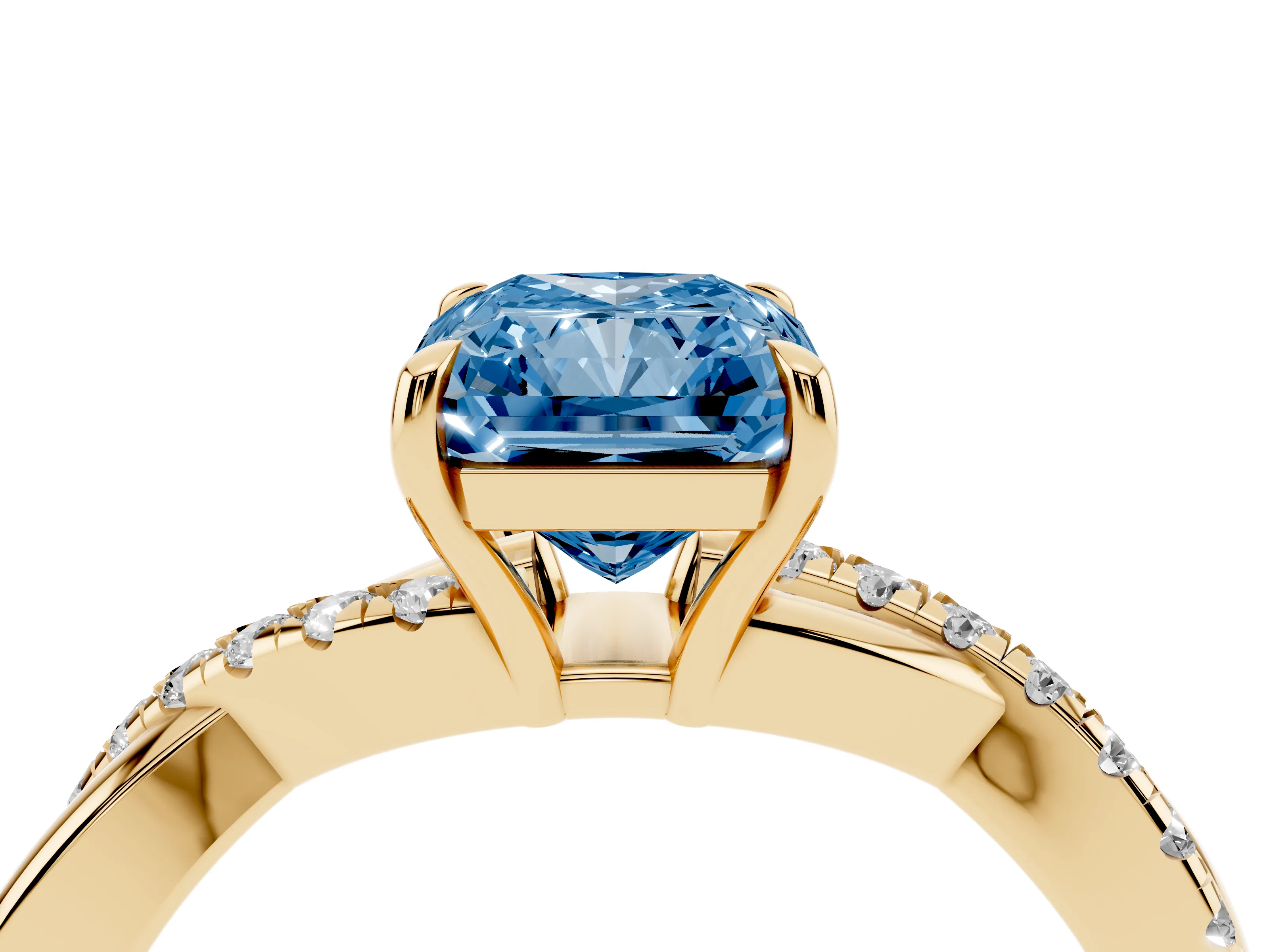 Fancy Blue Radiant Cut Diamond Twisted Pavé Band Ring Set in Yellow gold with Prong Setting
