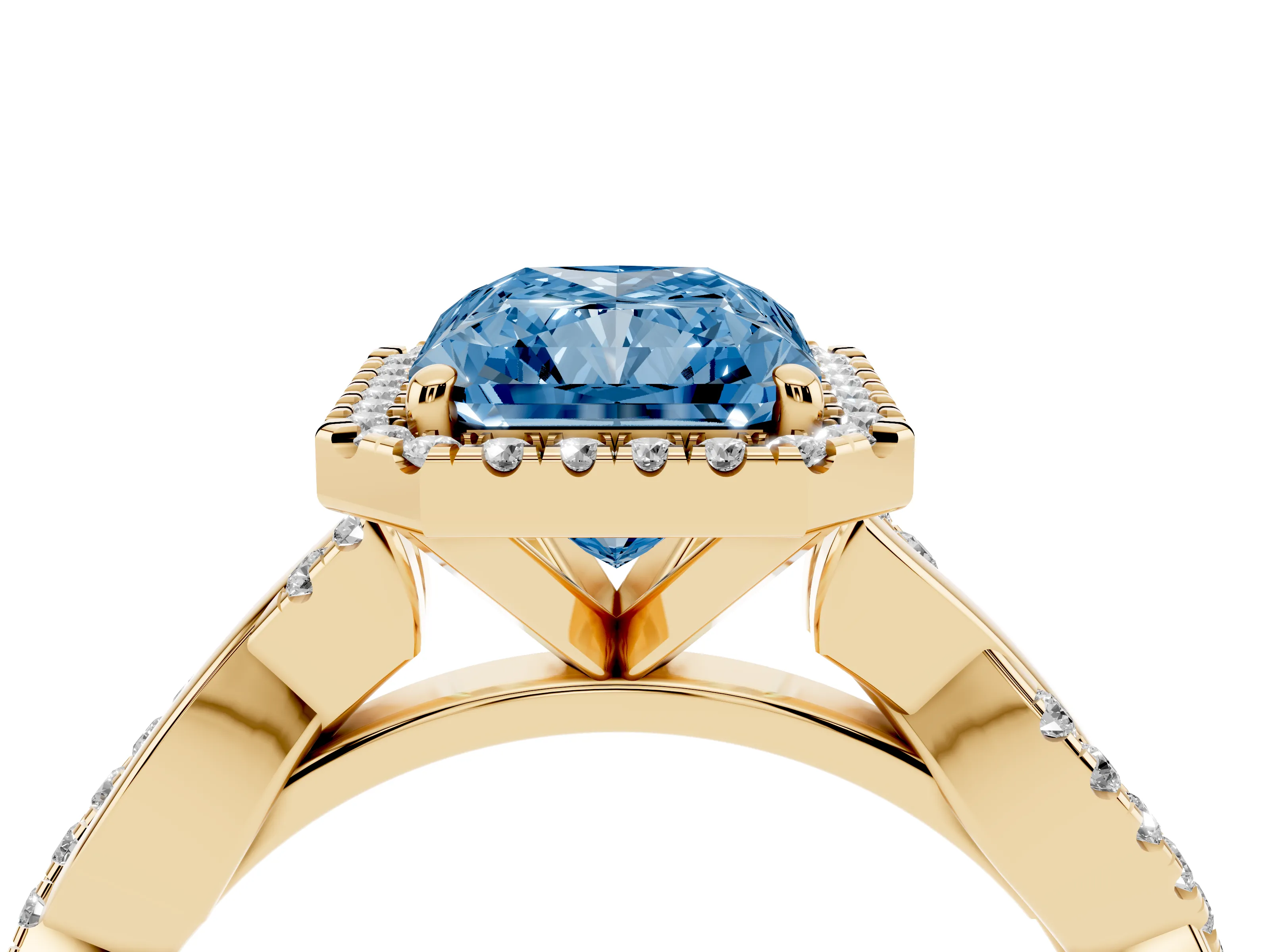 Fancy Blue Radiant Cut Diamond Halo Twisted Band Ring Set in Yellow gold with Prong Setting