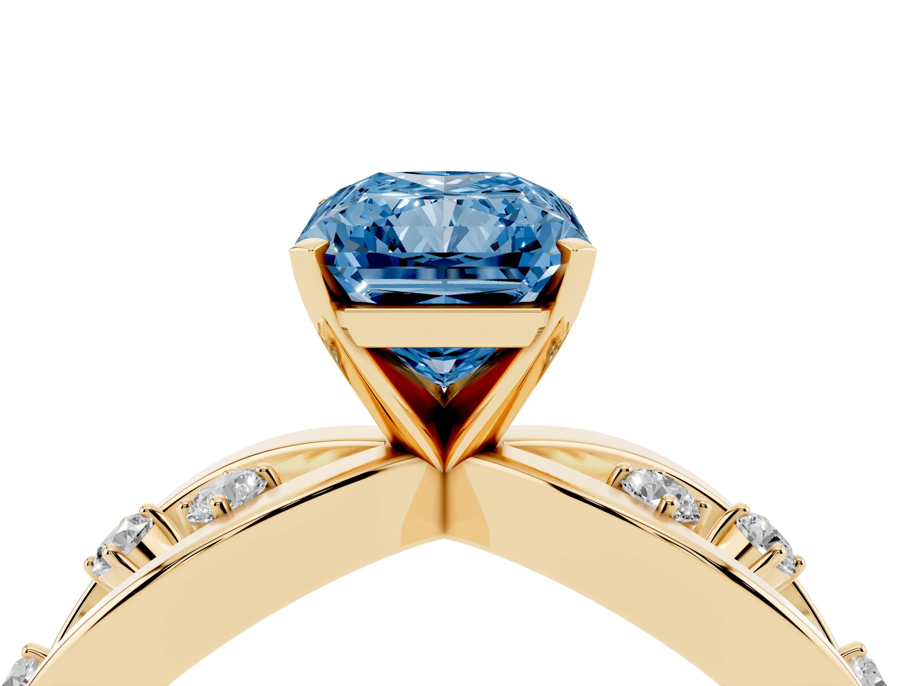 Fancy Blue Radiant Cut Diamond Solitaire Ring Set in Yellow gold with Side Stones on Criss-Cross Band and Prong Setting