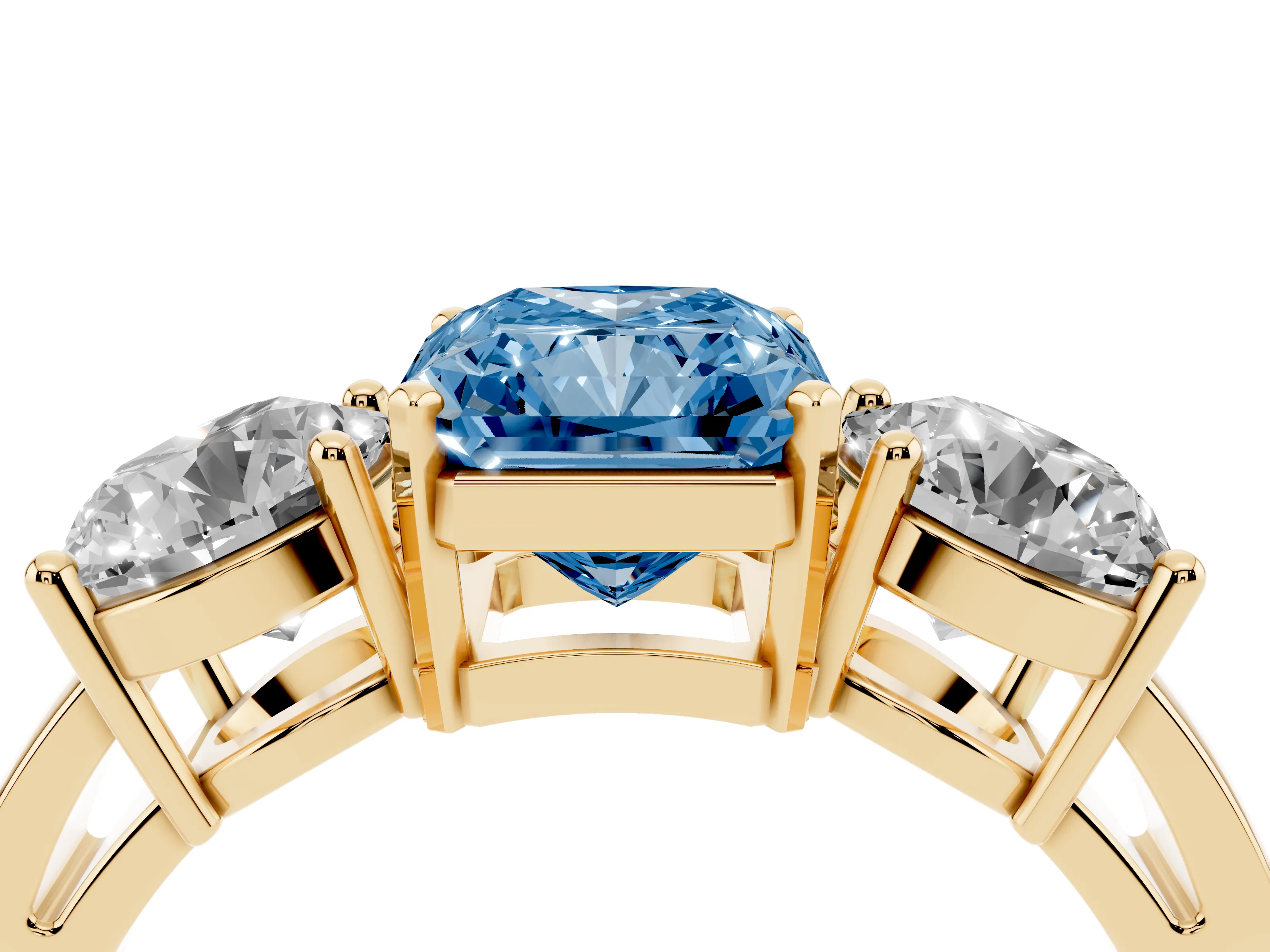Fancy Blue Radiant Cut Diamond Three-Stone Ring Set in Yellow gold with Round Side Stones and Classic Band