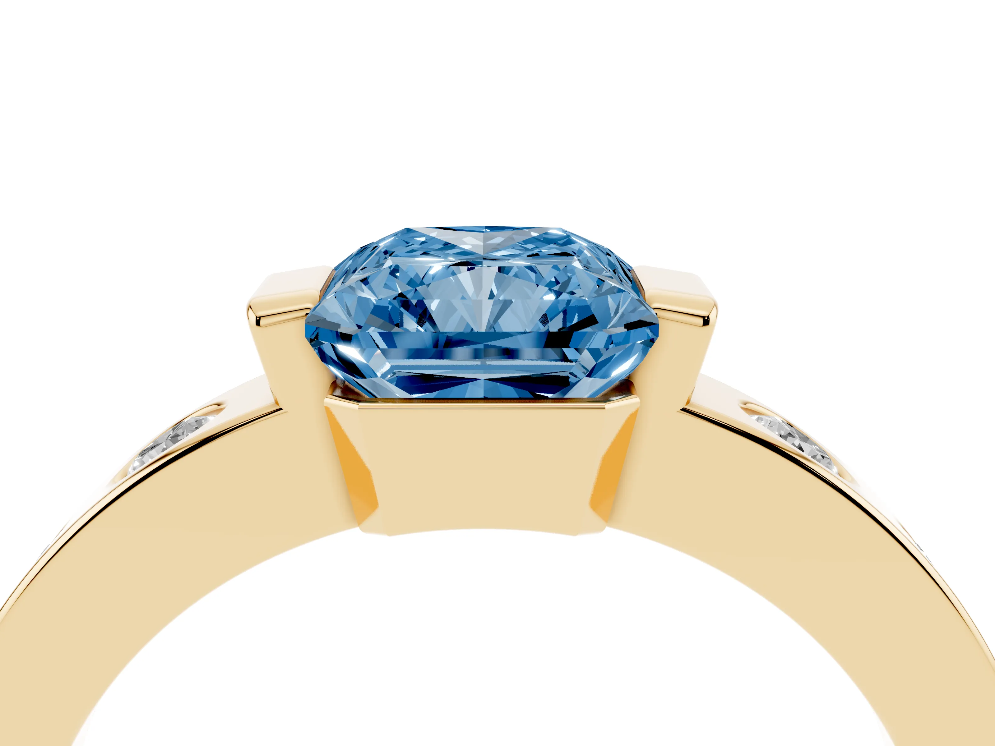 Fancy Blue Radiant Cut Diamond Channel-Set Band Ring Set in Yellow gold with Bezel Prong Setting