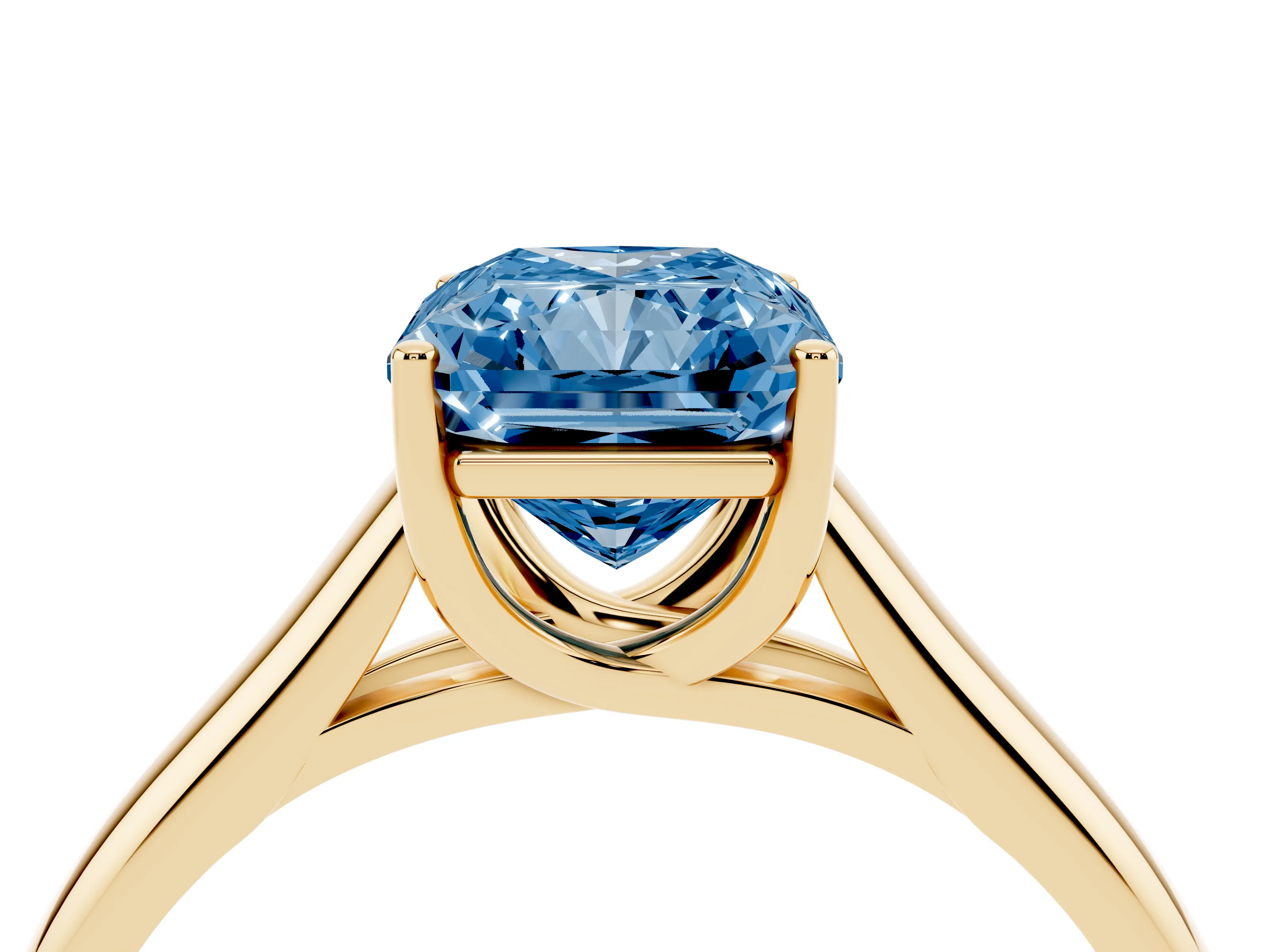 Fancy Blue Radiant Cut Diamond Solitaire Engagement Ring Set in Yellow gold with Subtly Tapered Band and Prong Setting