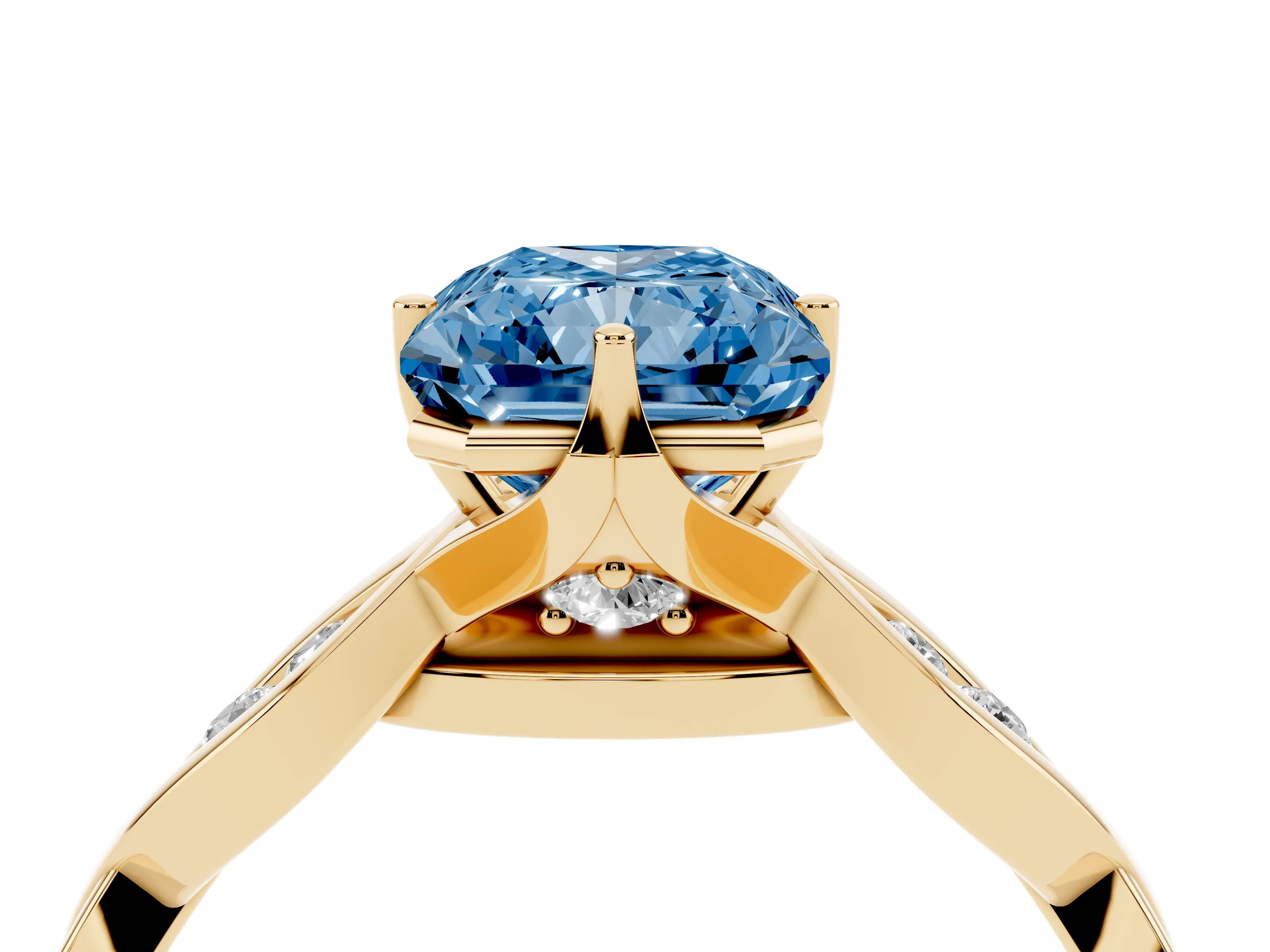 Fancy Blue Radiant Cut Diamond Twist Band Solitaire Ring Set in Yellow gold with Leaf Prong Setting and Accent Stones