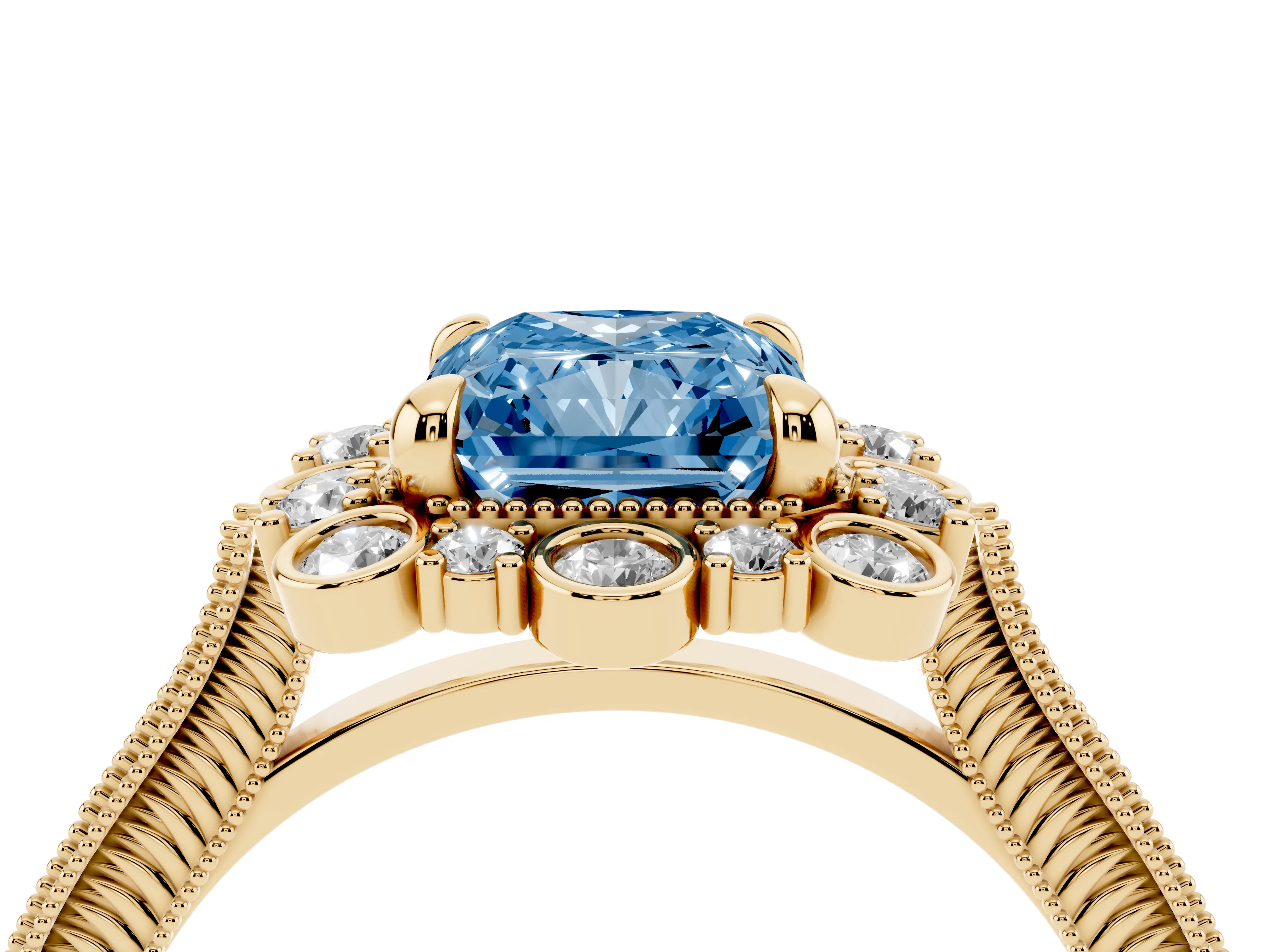 Fancy Blue Radiant Cut Diamond Halo Milgrain Pavé Ring Set in Yellow gold with Prong Setting