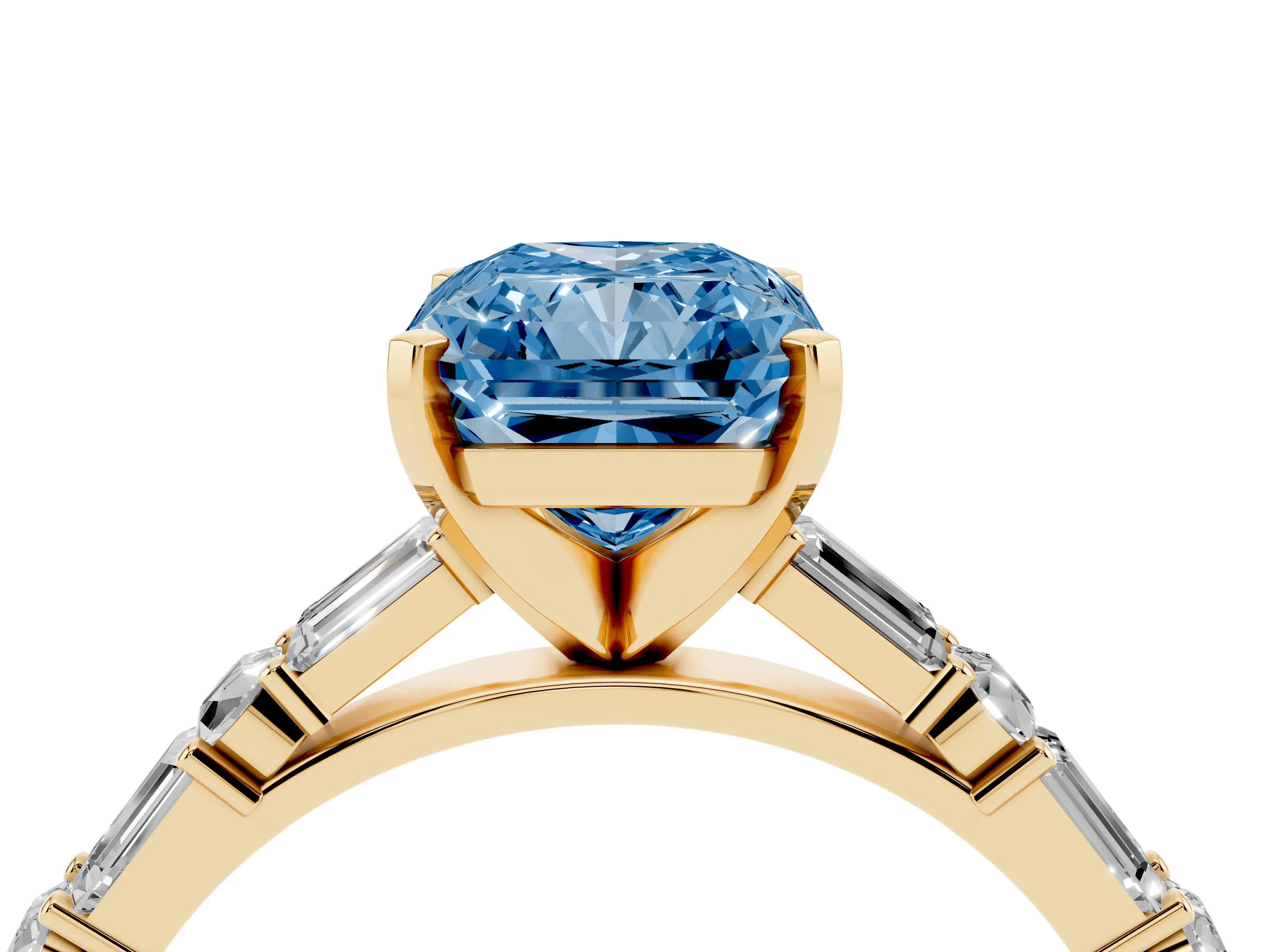 Fancy Blue Radiant Cut Diamond Solitaire Set in Yellow gold with Side Baguettes and Channel Set Band