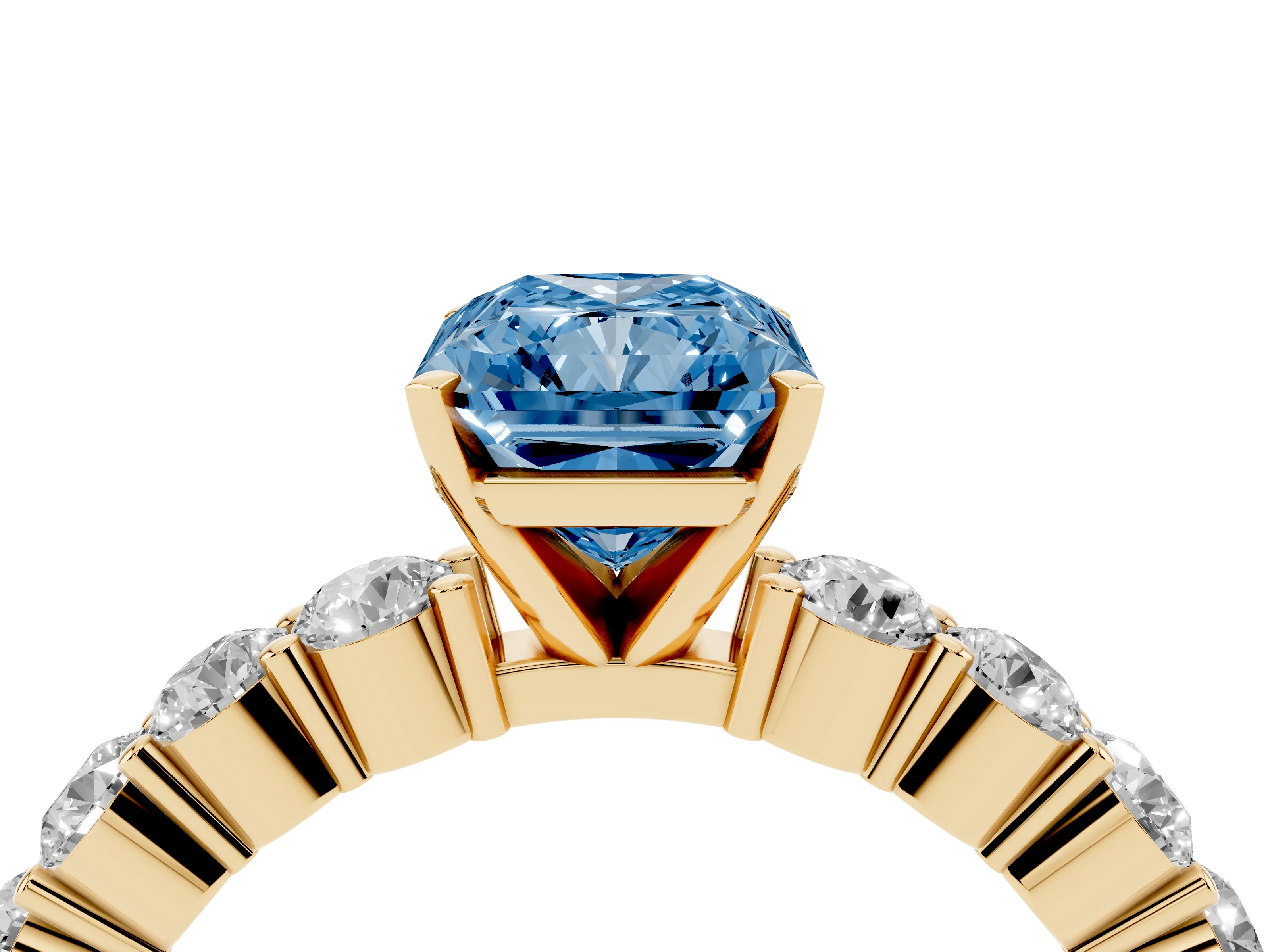 Fancy Blue Radiant Cut Diamond Solitaire Ring Set in Yellow gold with Shared Prong Round Side Stones
