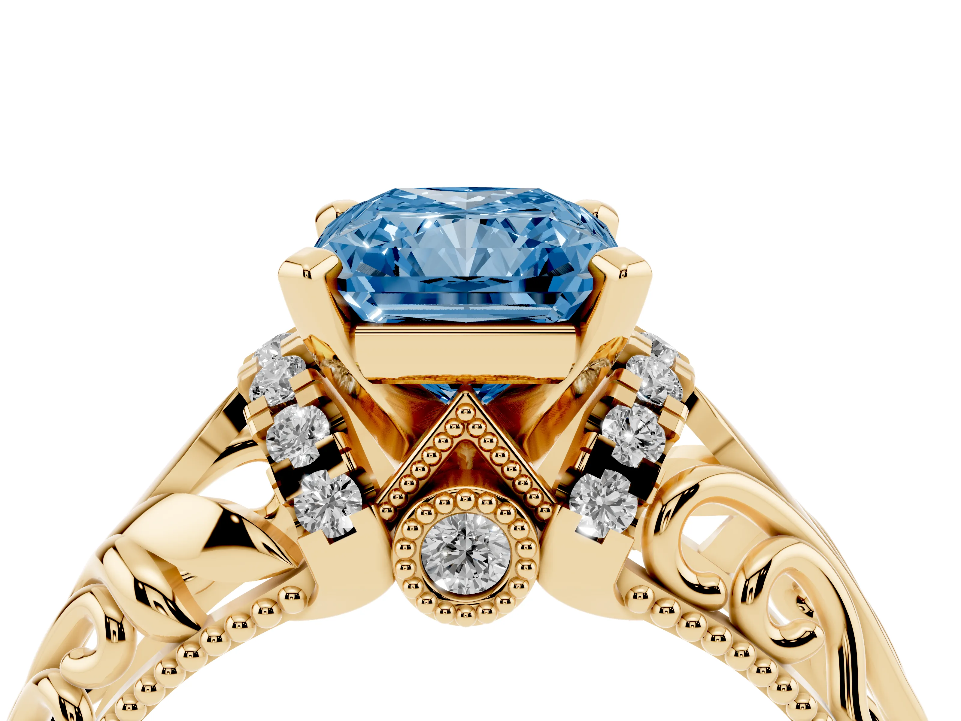 Fancy Blue Radiant Cut Diamond Filigree Halo Engagement Ring Set in Yellow gold with Prong Setting