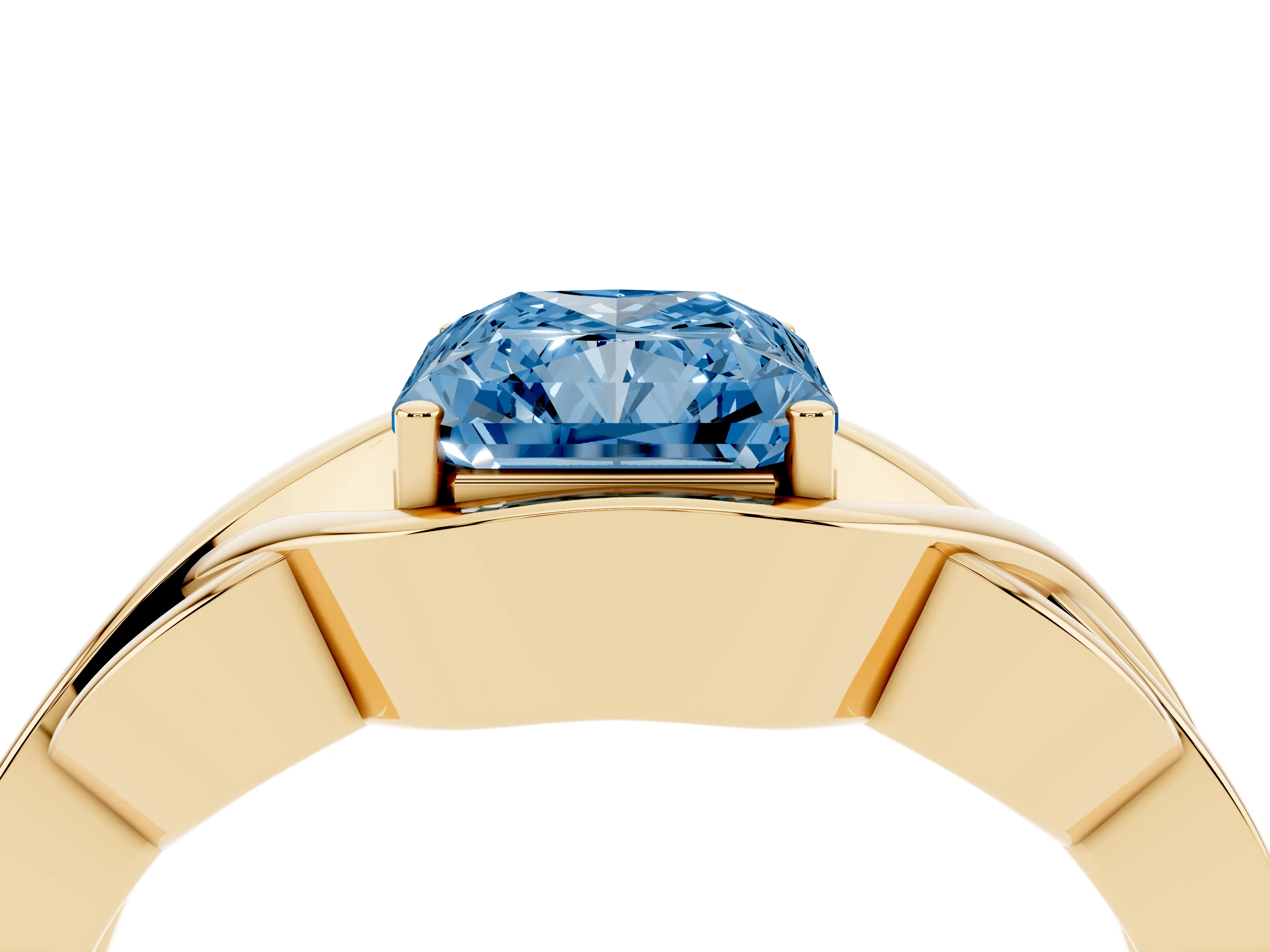 Fancy Blue Radiant Cut Diamond Solitaire Ring Set in Yellow gold with Intertwined Band