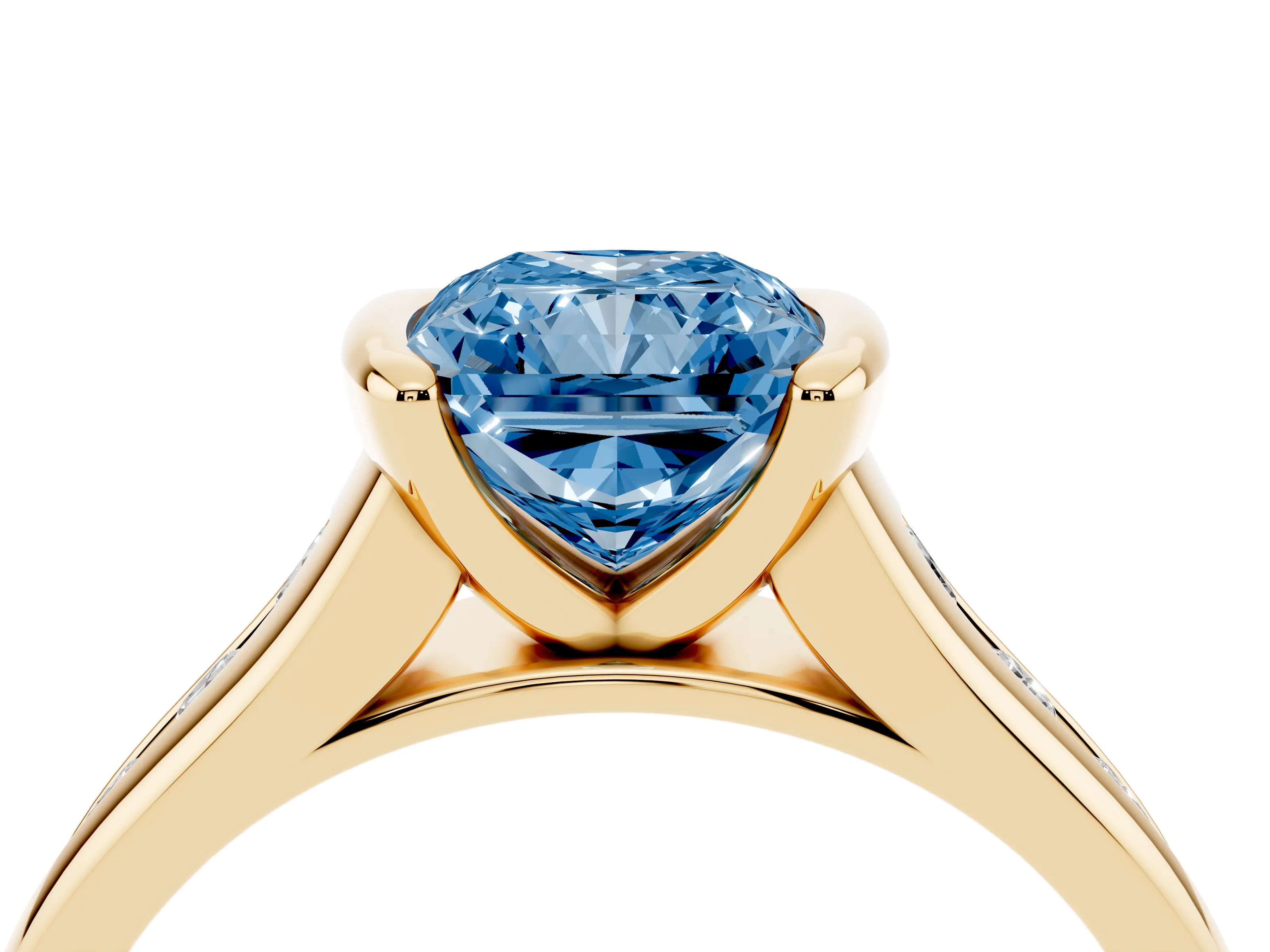 Fancy Blue Radiant Cut Diamond Bezel-Set Solitaire Ring Set in Yellow gold with Channel-Set Band