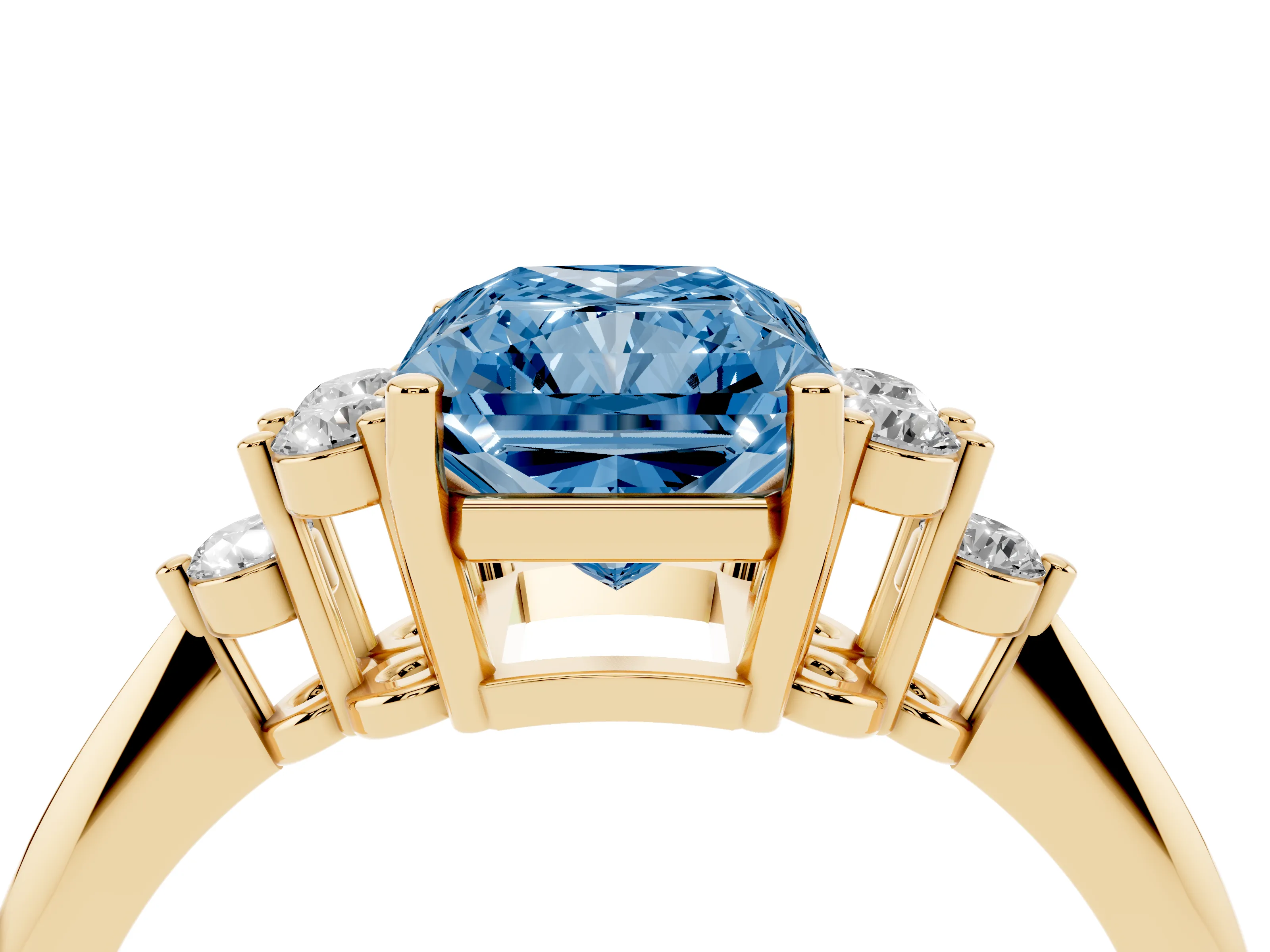 Fancy Blue Radiant Cut Diamond Cluster Ring Set in Yellow gold with Plain Band and Prong Setting
