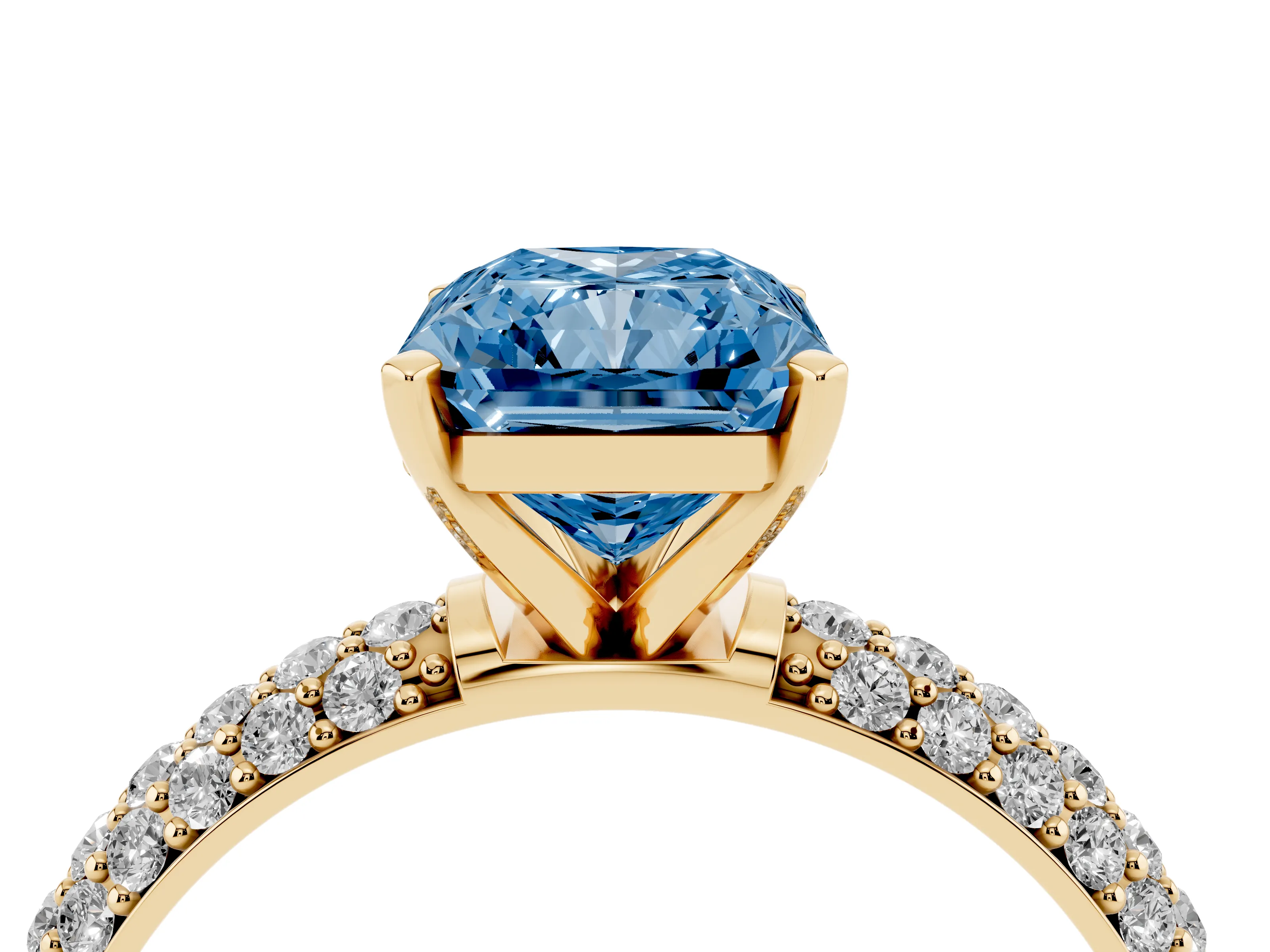 Fancy Blue Radiant Cut Diamond Solitaire Ring Set in Yellow gold with Prong Setting and Pavé-Set Band