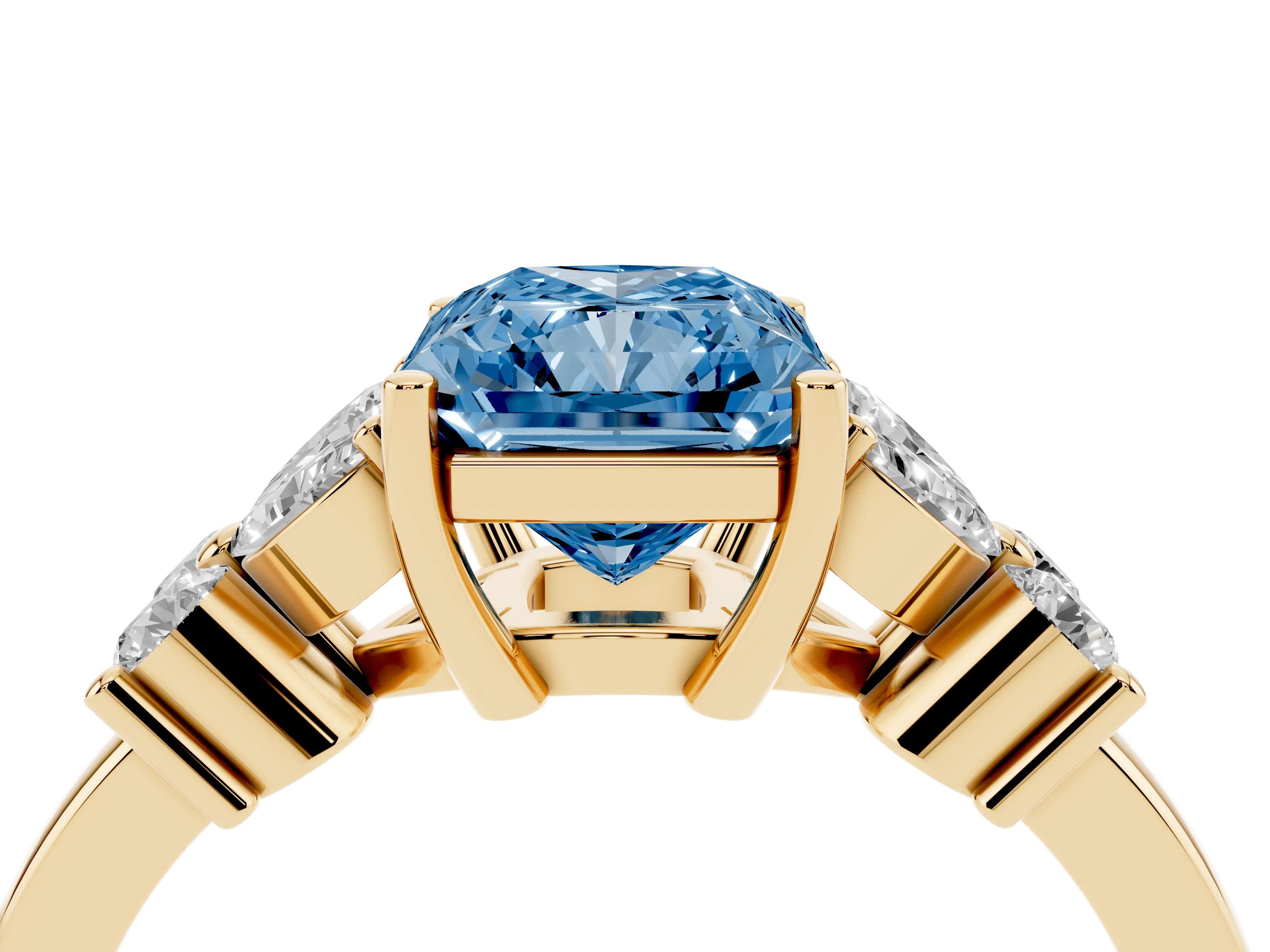 Fancy Blue Radiant Cut Diamond Floral Cluster Ring Set in Yellow gold with Marquise Petals and Prong Setting