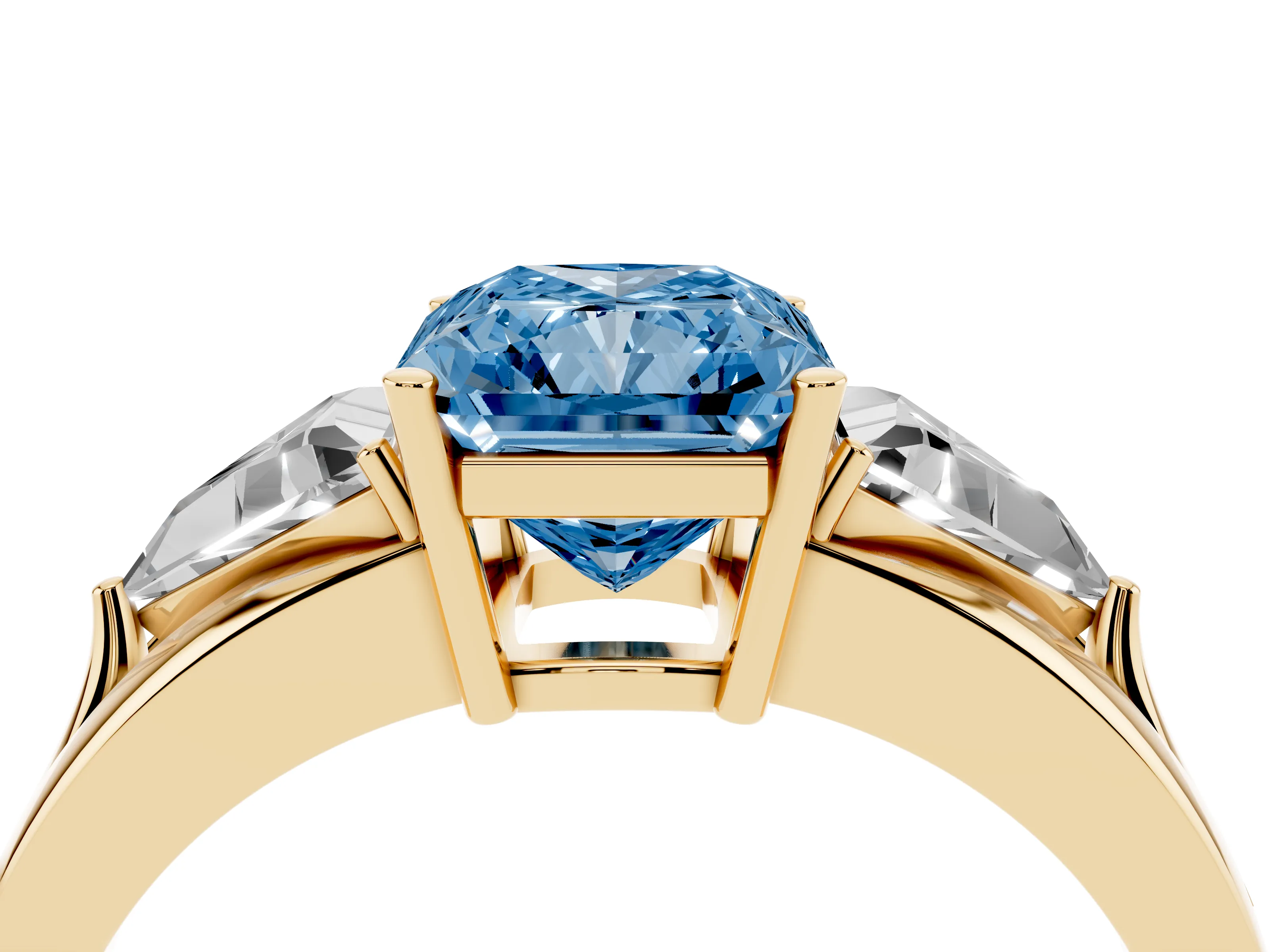 Fancy Blue Radiant Cut Diamond Three-Stone Ring Set in Yellow gold with Trillion Side Stones and Split Shank