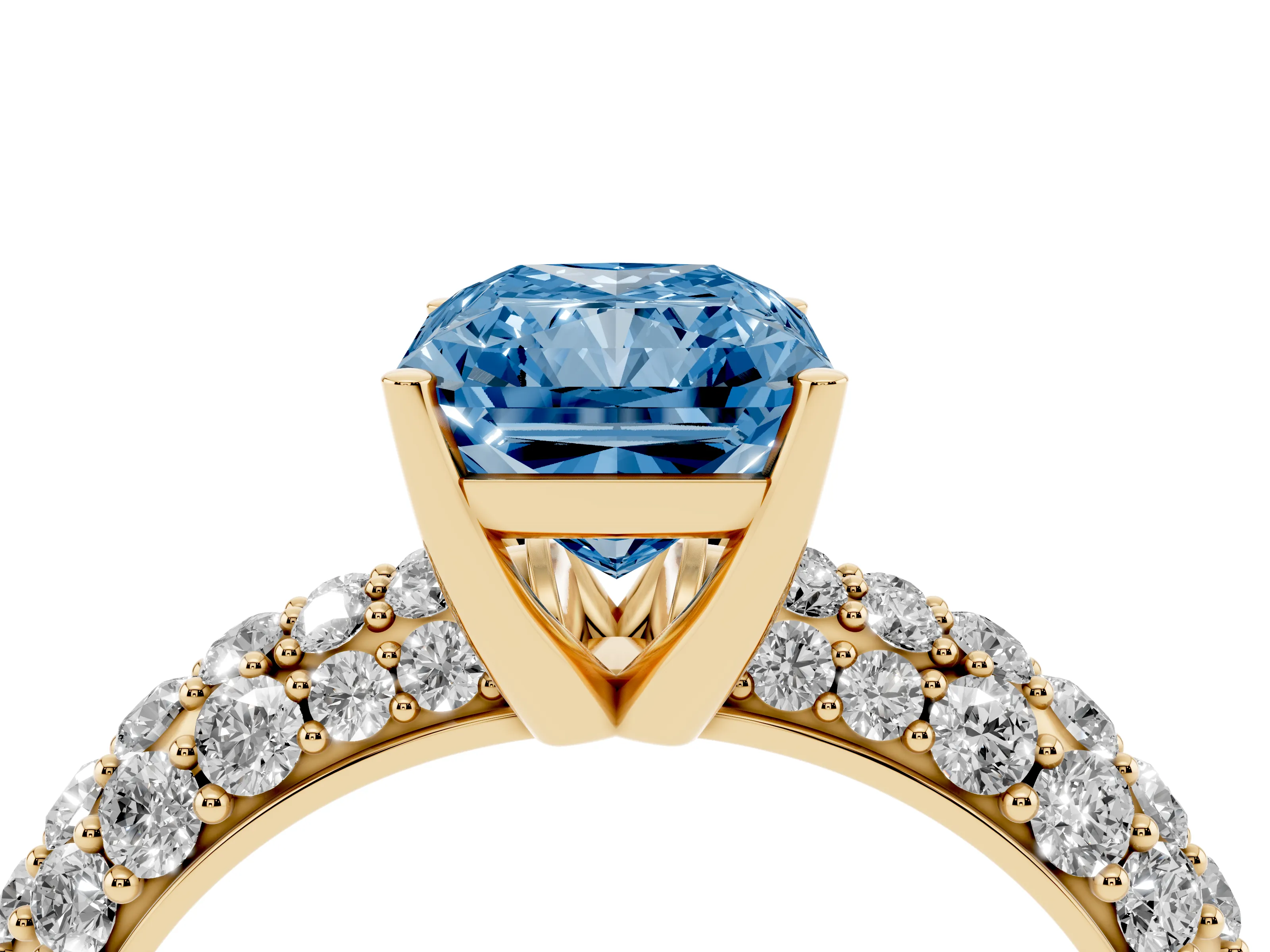 Fancy Blue Radiant Cut Diamond Pavé Band Solitaire Ring Set in Yellow gold with Close-Set Accent Stones and Prong Setting