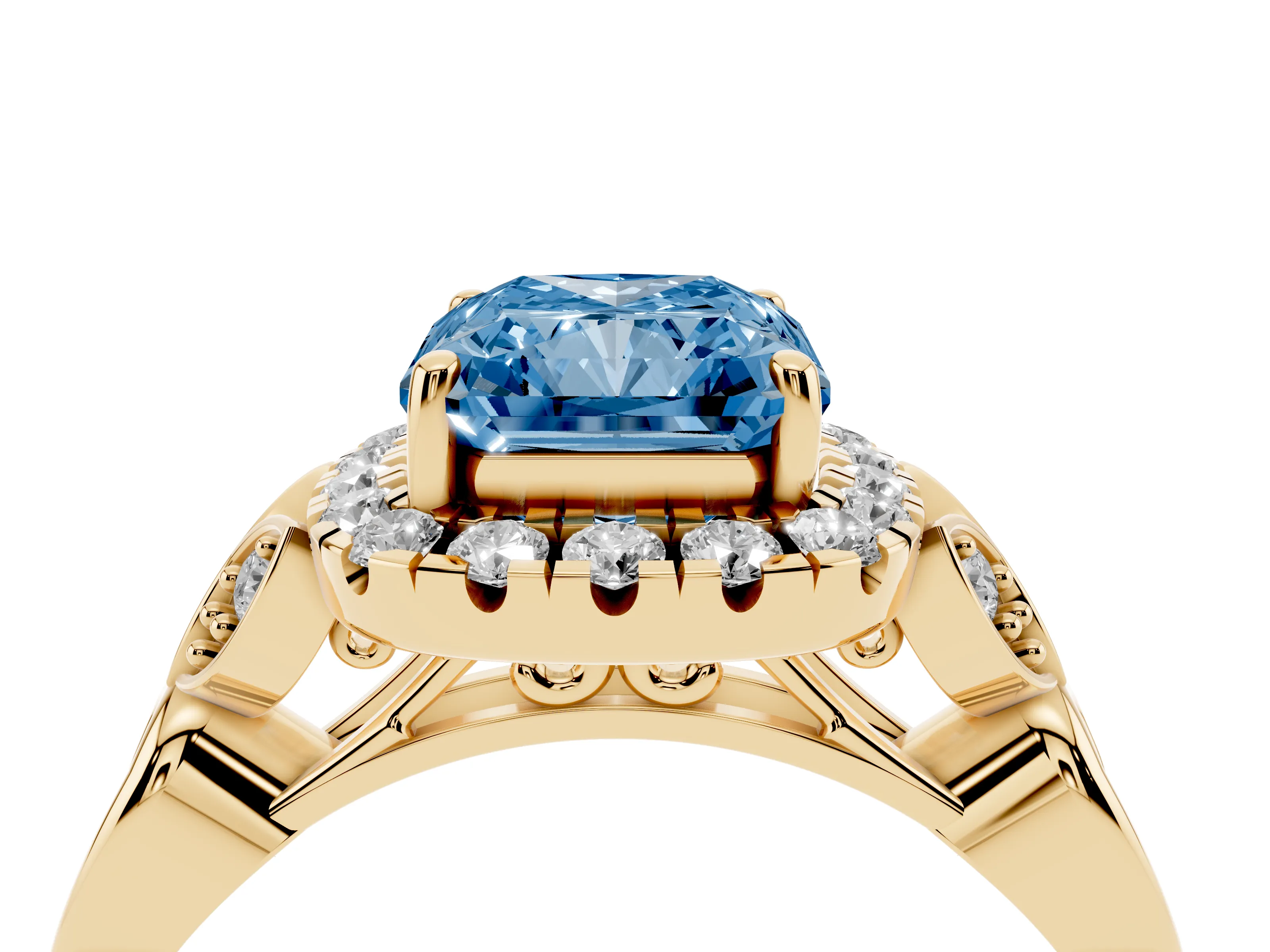 Fancy Blue Radiant Cut Diamond Halo Engagement Ring Set in Yellow gold with Vintage-Inspired Band and Prong Setting