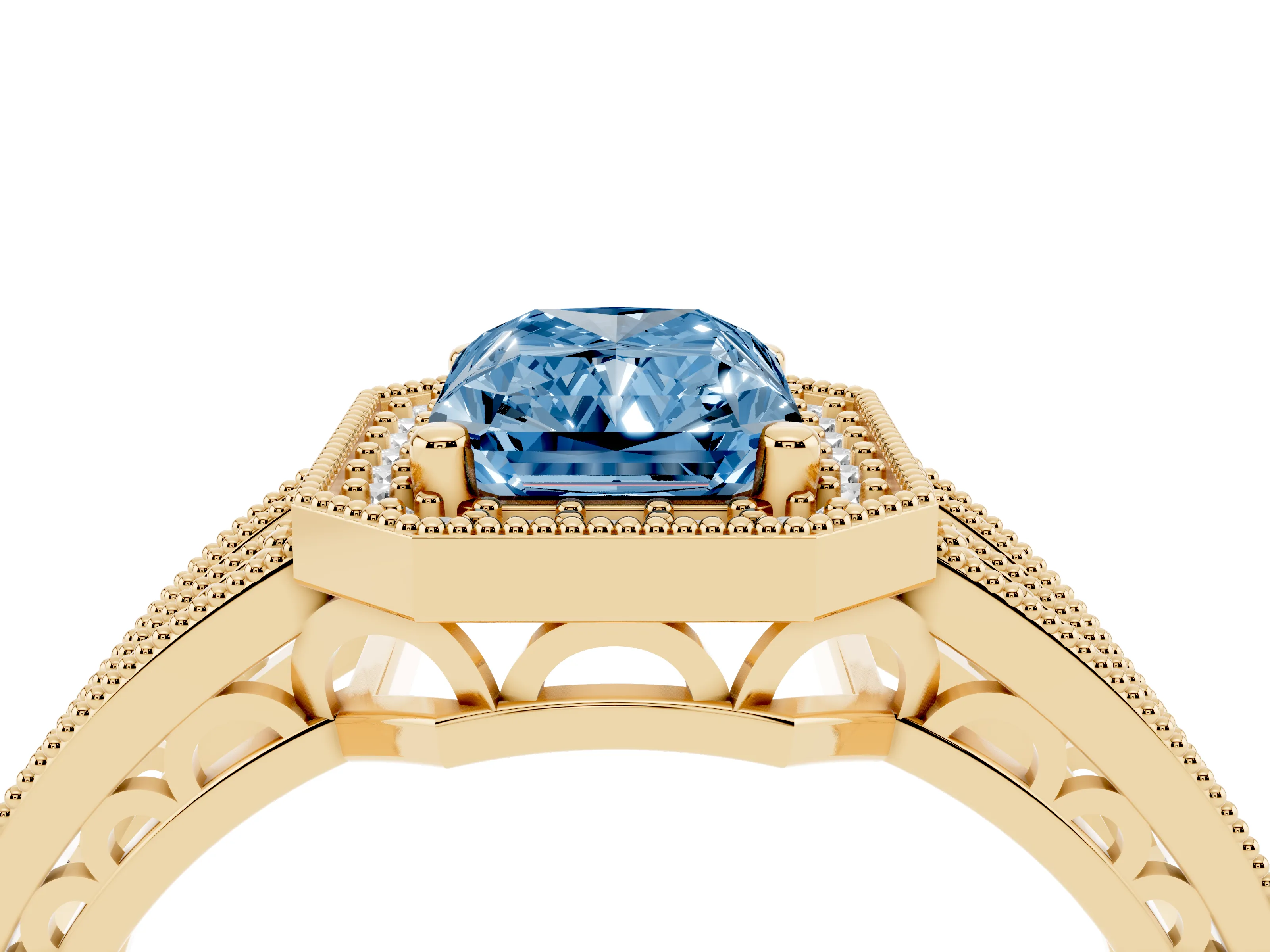 Fancy Blue Radiant Cut Diamond Halo Ring Set in Yellow gold with Accent Split Shank and Prong Setting