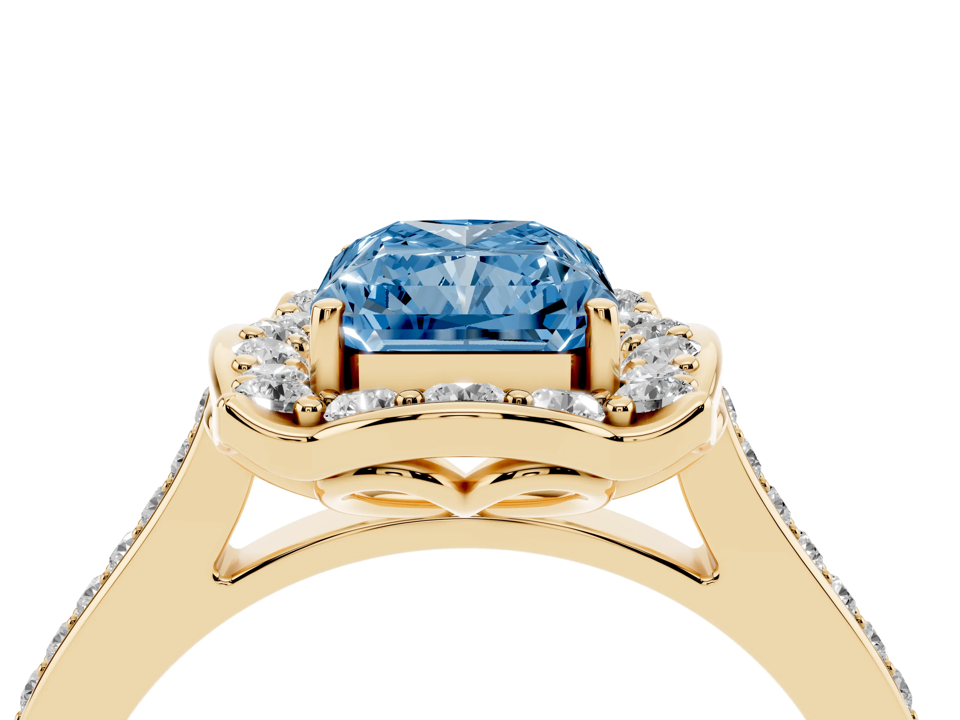 Fancy Blue Radiant Cut Diamond Halo Ring Set in Yellow gold with Pavé-Lined Shoulders and Prong Setting