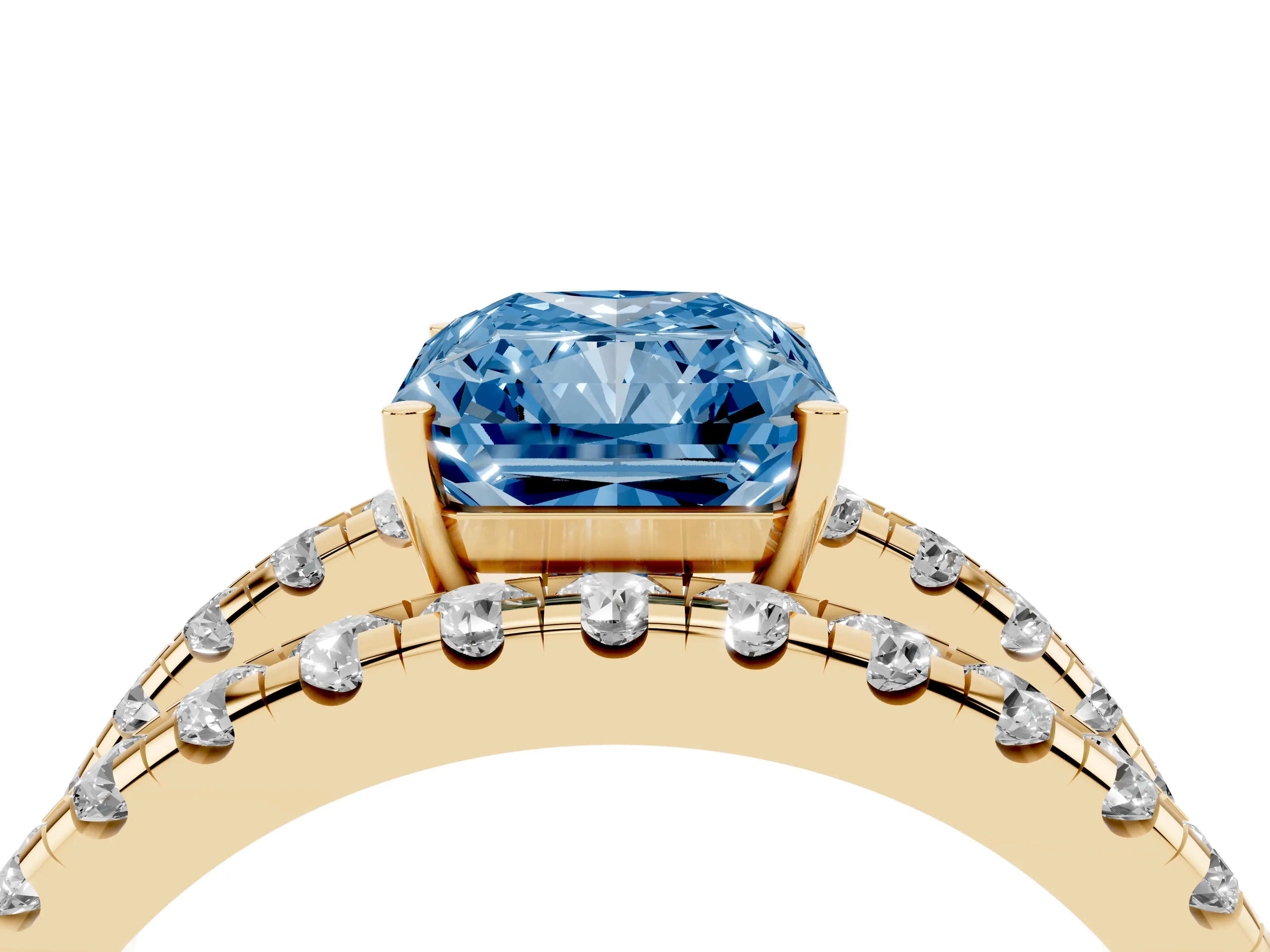 Fancy Blue Radiant Cut Diamond Split Shank Pavé Solitaire Ring Set in Yellow gold with Open Shank Design