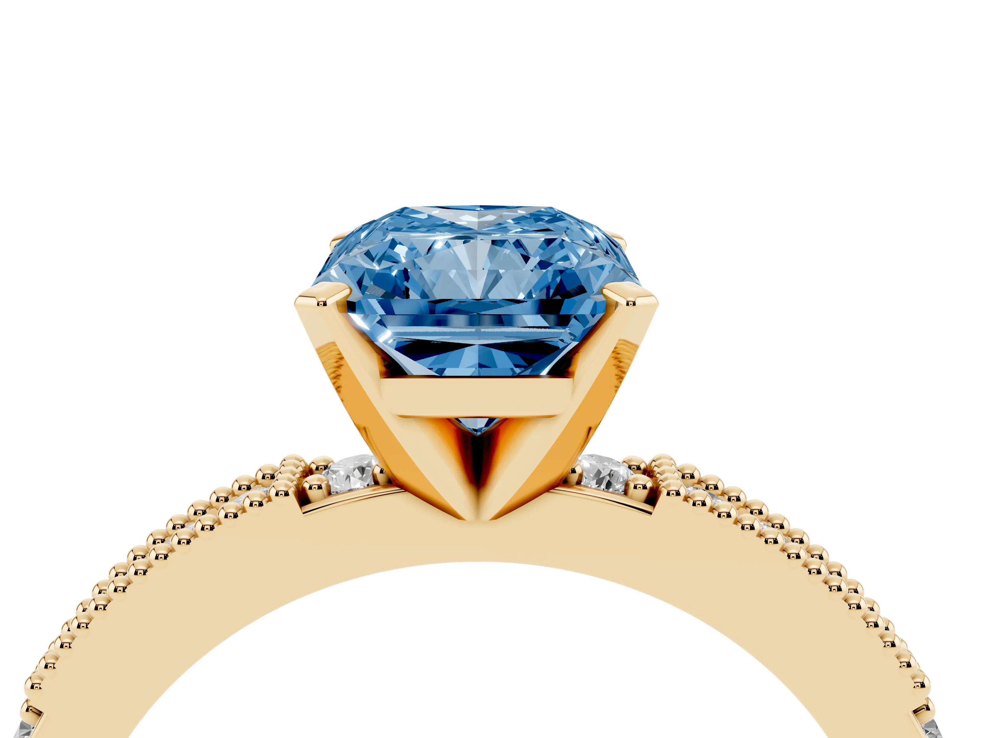 Fancy Blue Radiant Cut Diamond Solitaire Ring Set in Yellow gold with Slim Pavé Band and Prong Setting