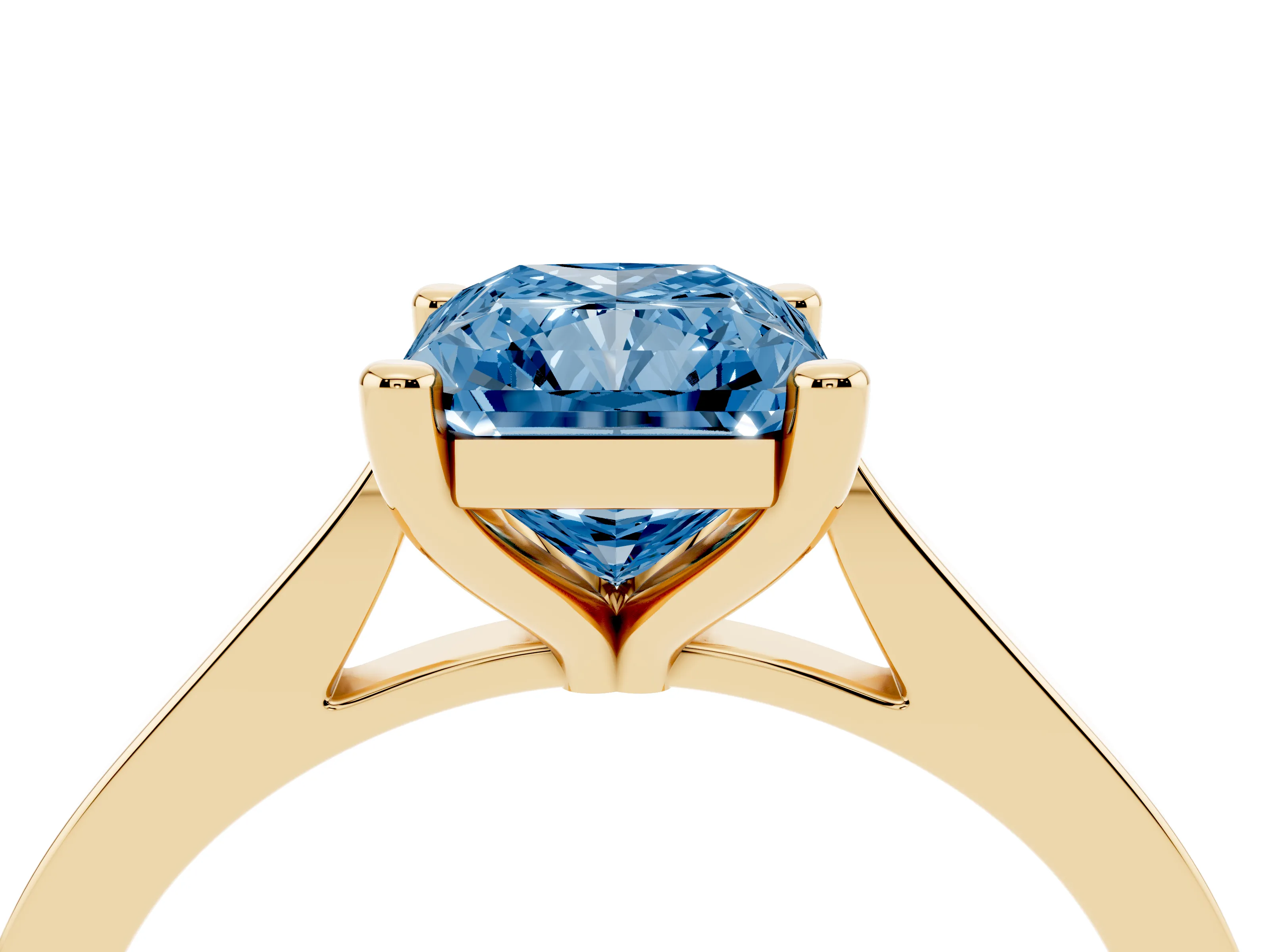 Fancy Blue Radiant Cut Diamond Solitaire Ring Set in Yellow gold with Prong Setting and Tapered Band
