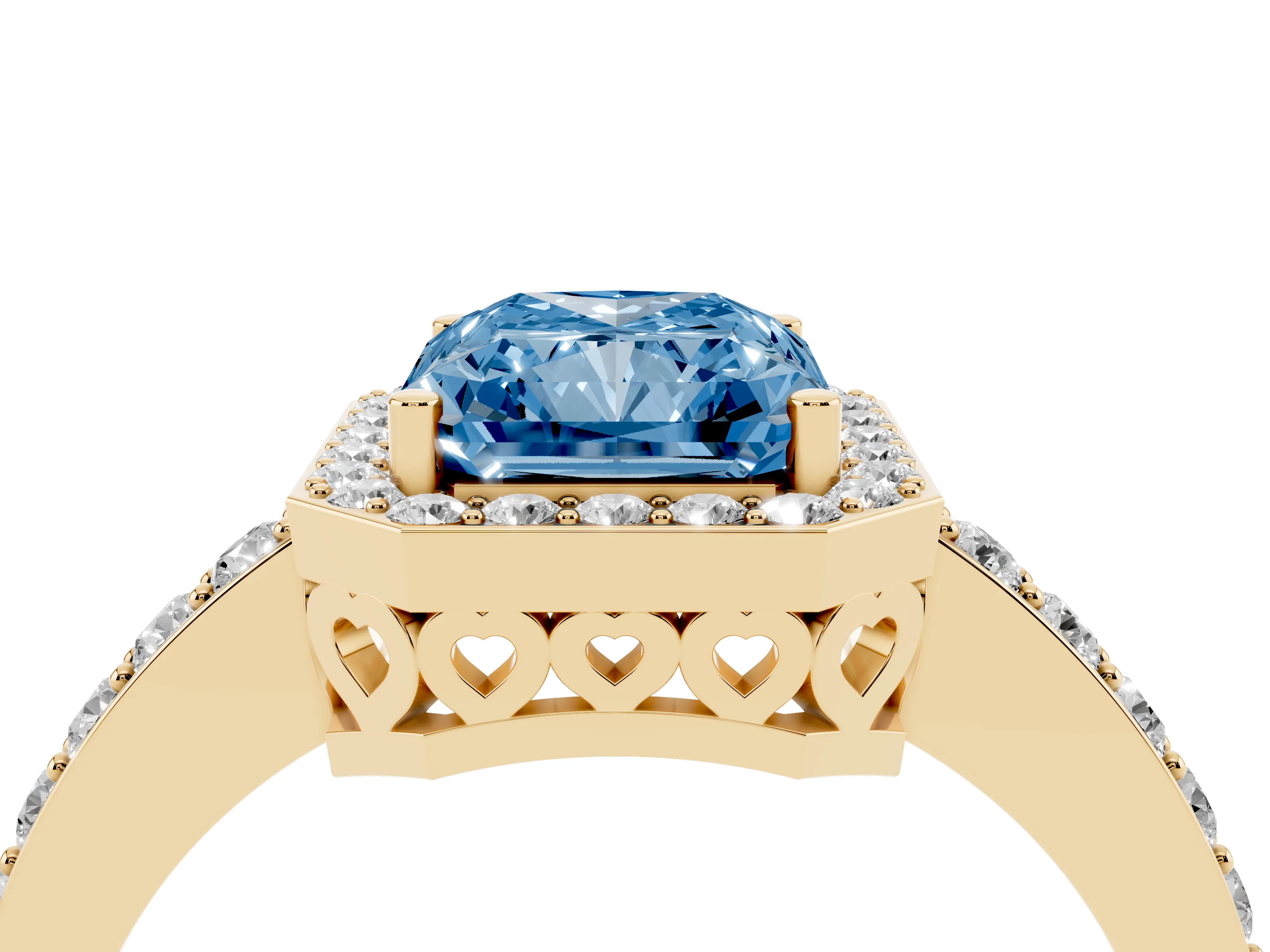 Fancy Blue Radiant Cut Diamond Halo Ring Set in Yellow gold with Pavé-Setting Band and Open Prong Center