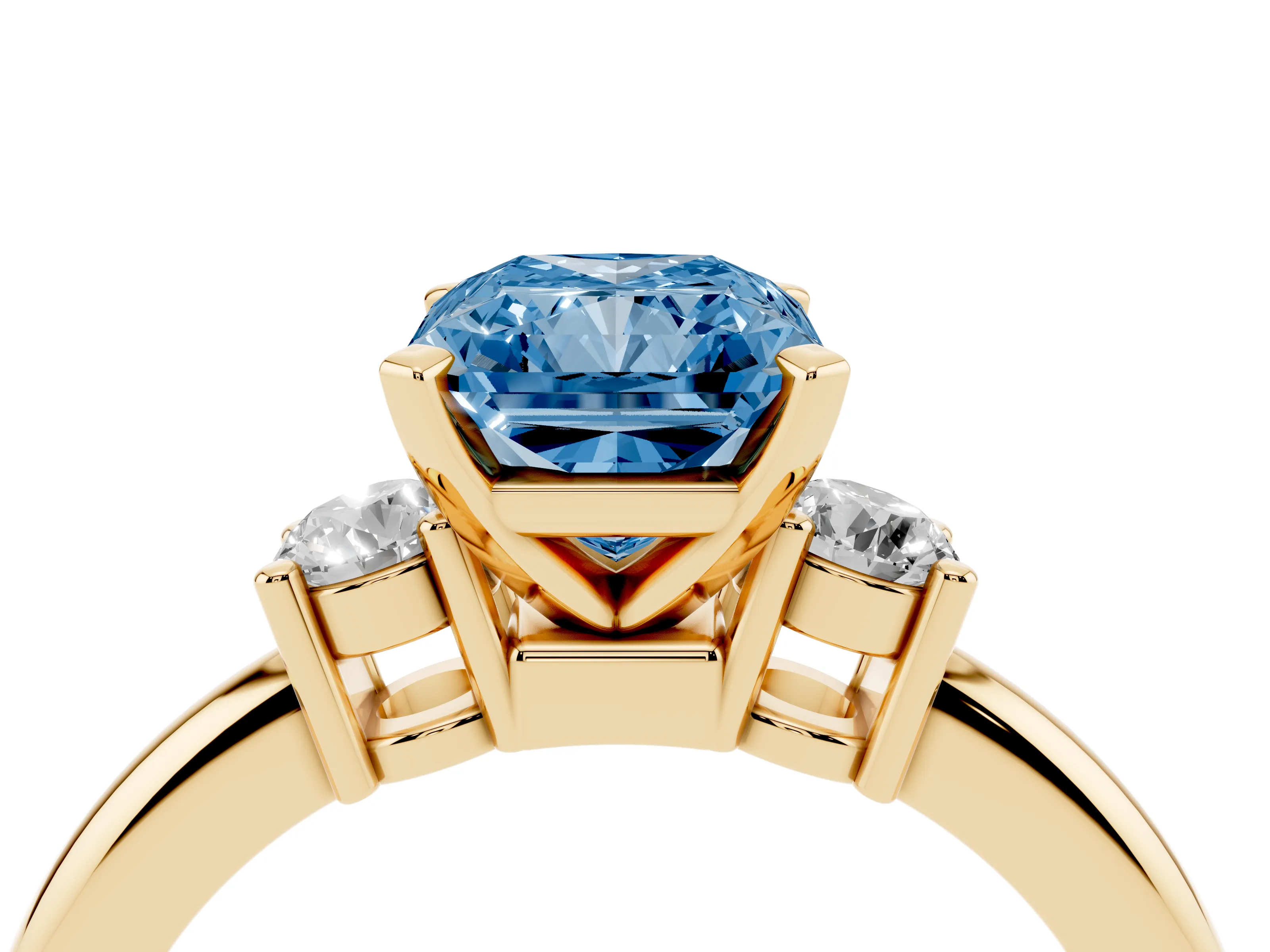Fancy Blue Three-Stone Radiant Cut Diamond Ring Set in Yellow gold with Prong Setting and Plain Band