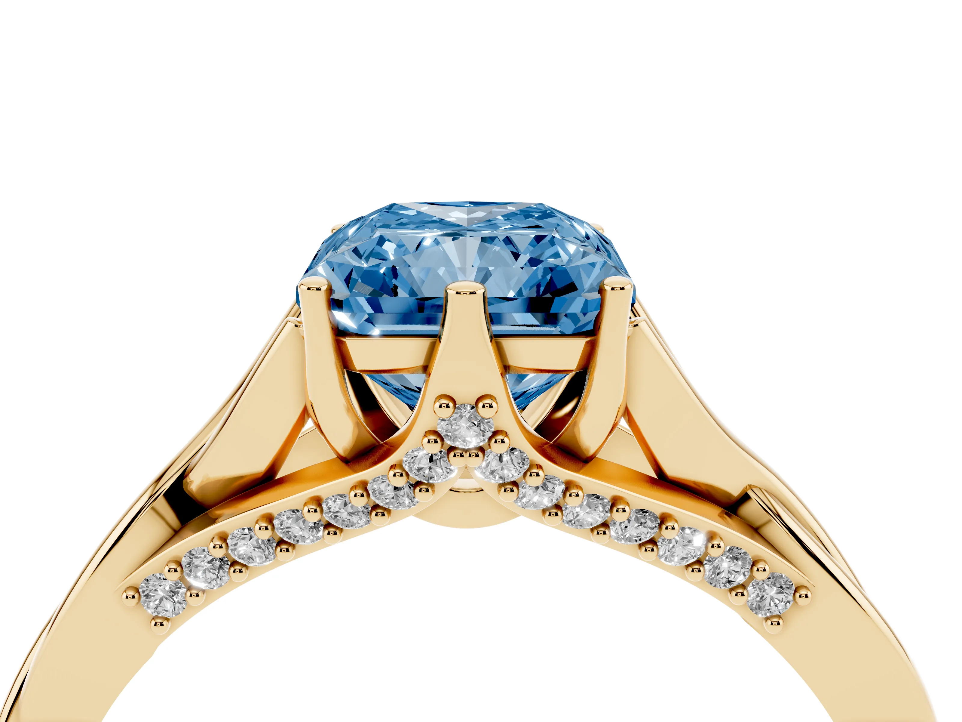 Fancy Blue Radiant Cut Diamond Intertwined Twist Band Solitaire Ring Set in Yellow gold with Prong Setting