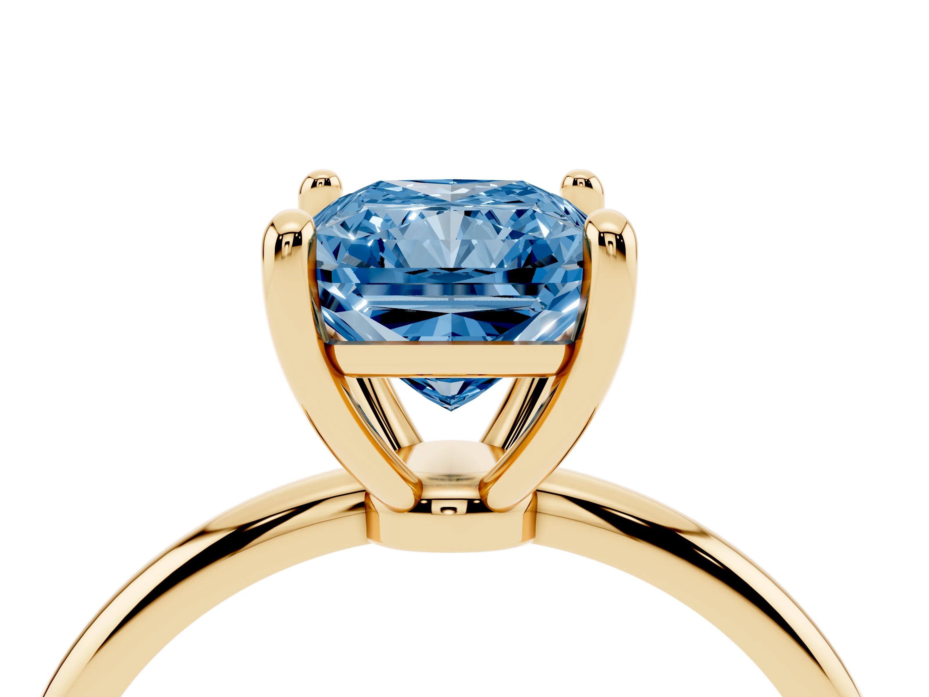 Fancy Blue Radiant Cut Diamond Solitaire Ring Set in Yellow gold with Secure Prong Setting on a Classic Band