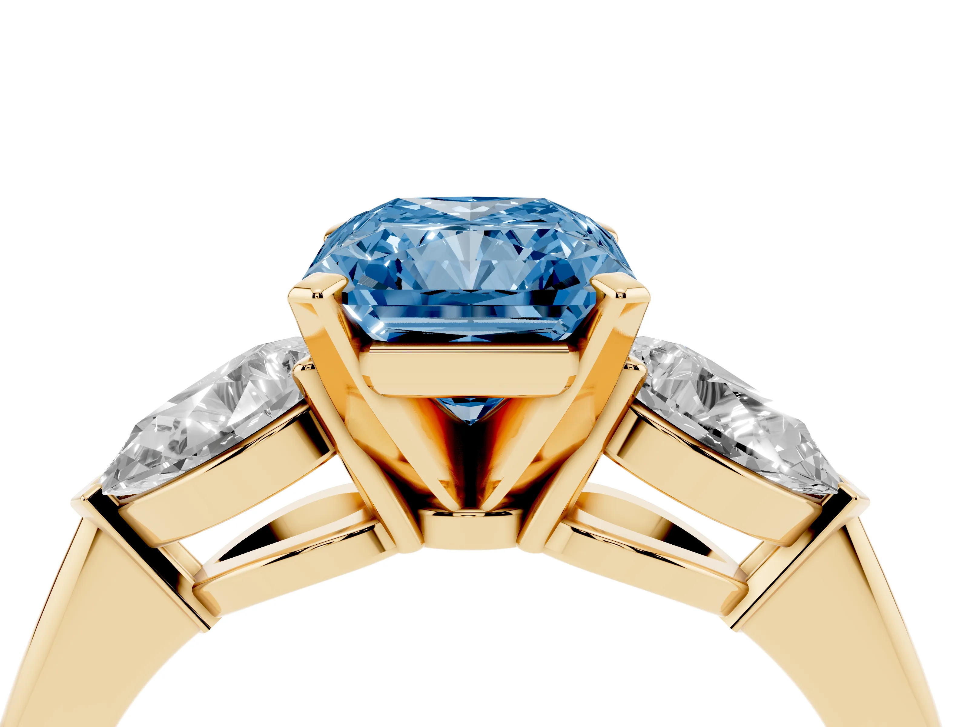 Fancy Blue Three-Stone Radiant Cut Diamond Ring Set in Yellow gold with Pear Side Stones and Prong Setting