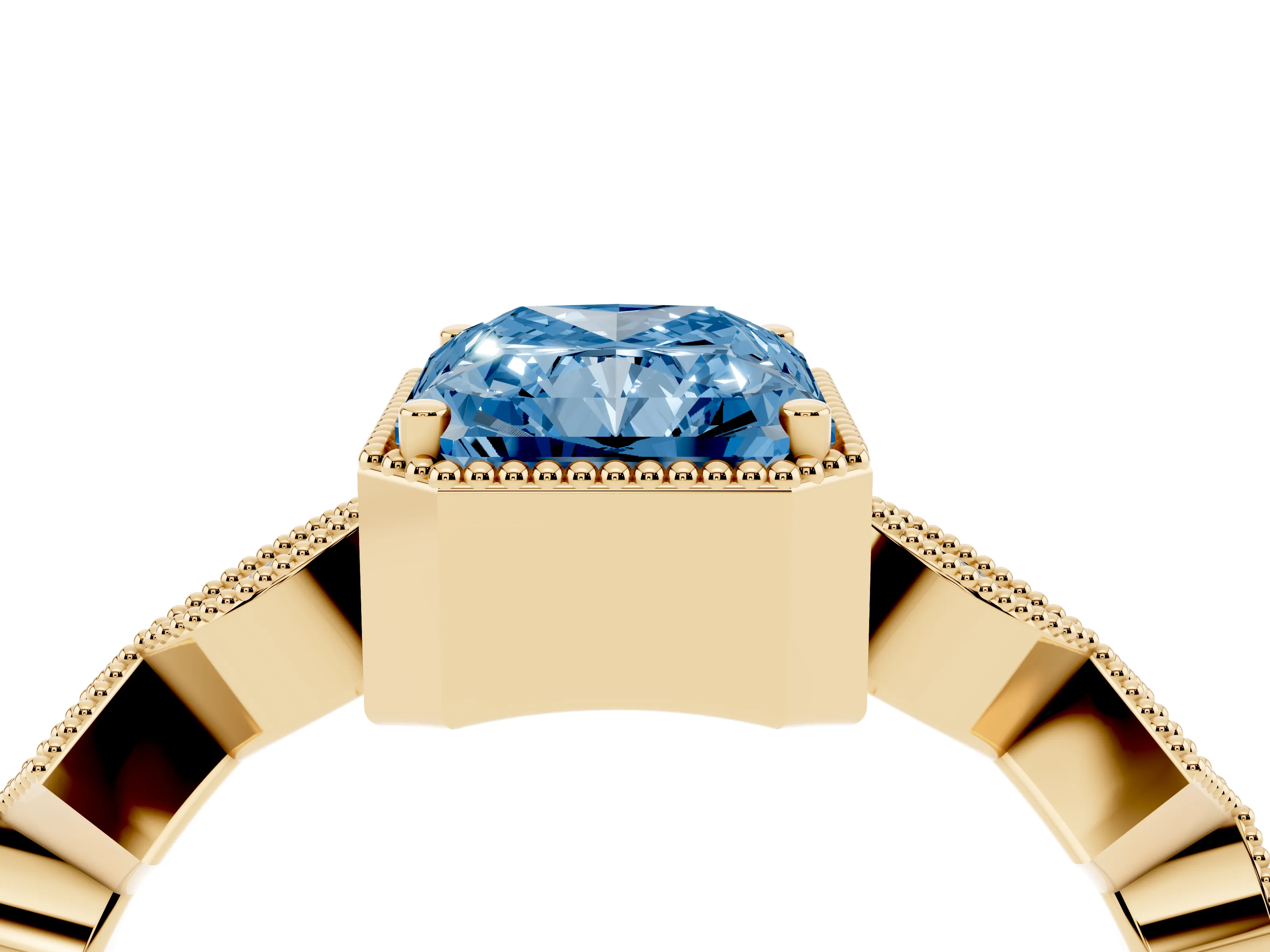 Fancy Blue Radiant Cut Diamond Milgrain Marquise Twist Band Ring Set in Yellow gold with Prong Setting