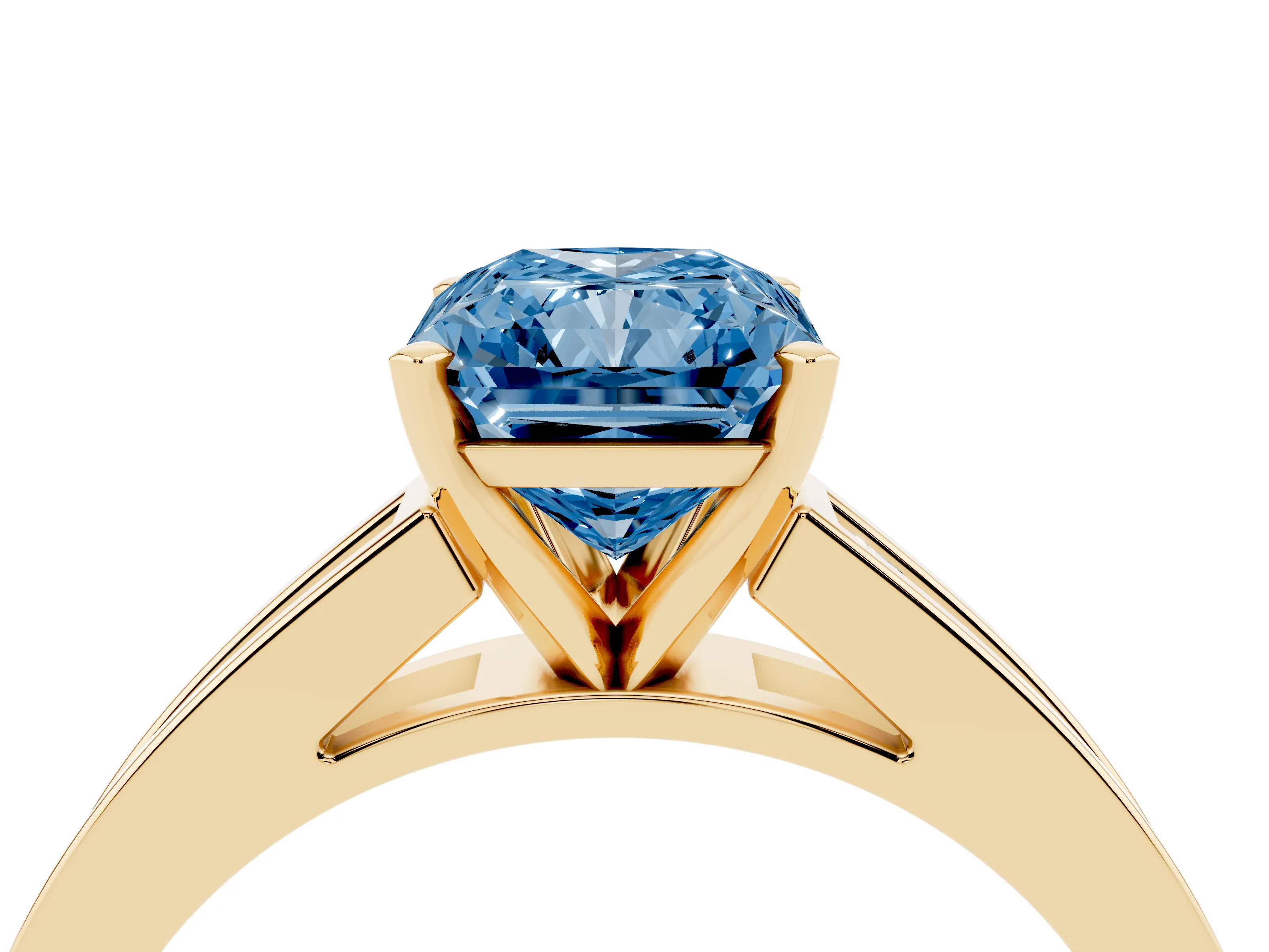 Fancy Blue Radiant Cut Diamond Solitaire Ring Set in Yellow gold with Channel-Set Band and Prong Setting