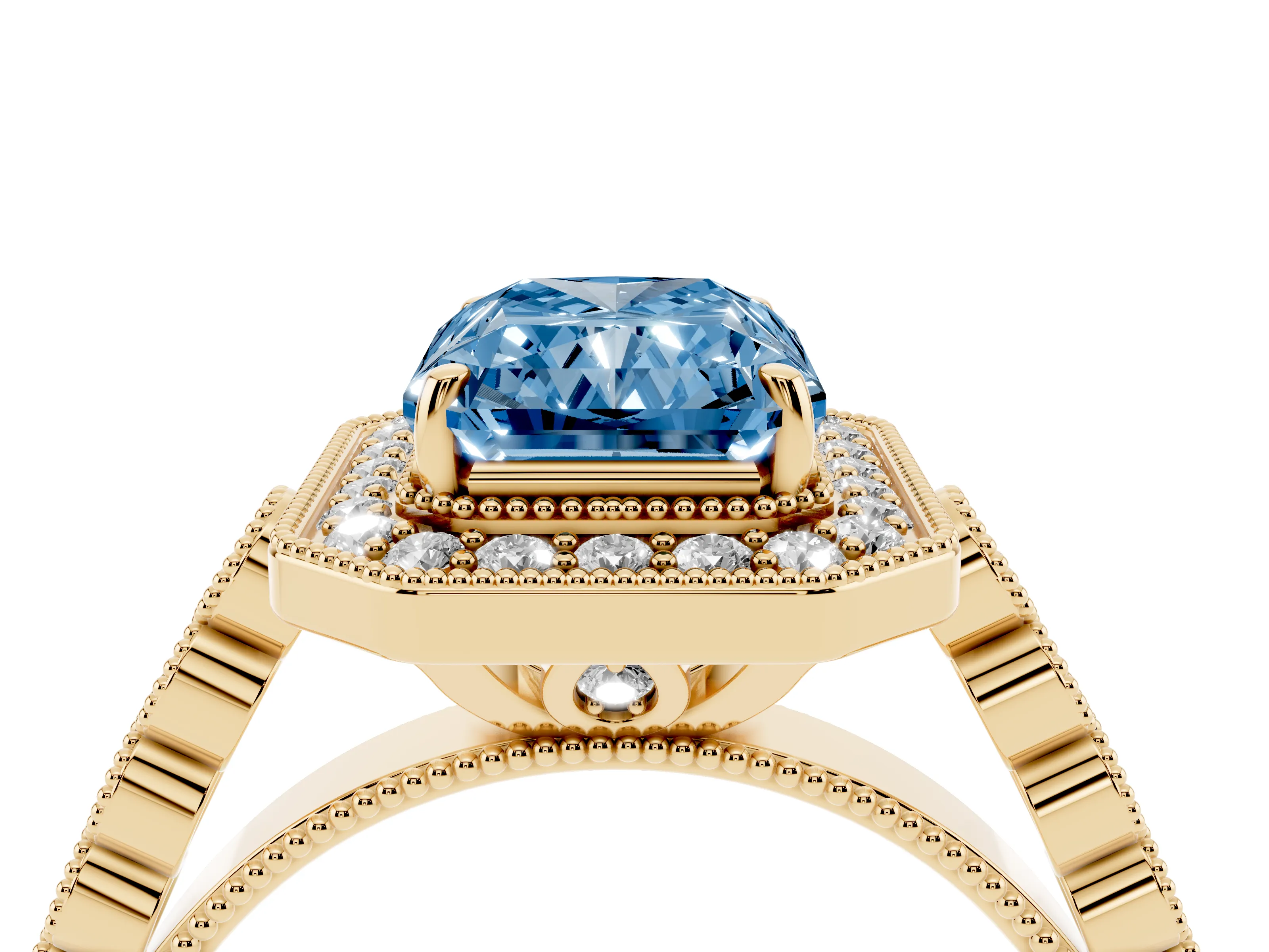 Fancy Blue Radiant Cut Diamond Milgrain Halo Solitaire Ring Set in Yellow gold with Bezel Set Side Stones and Pavé Band