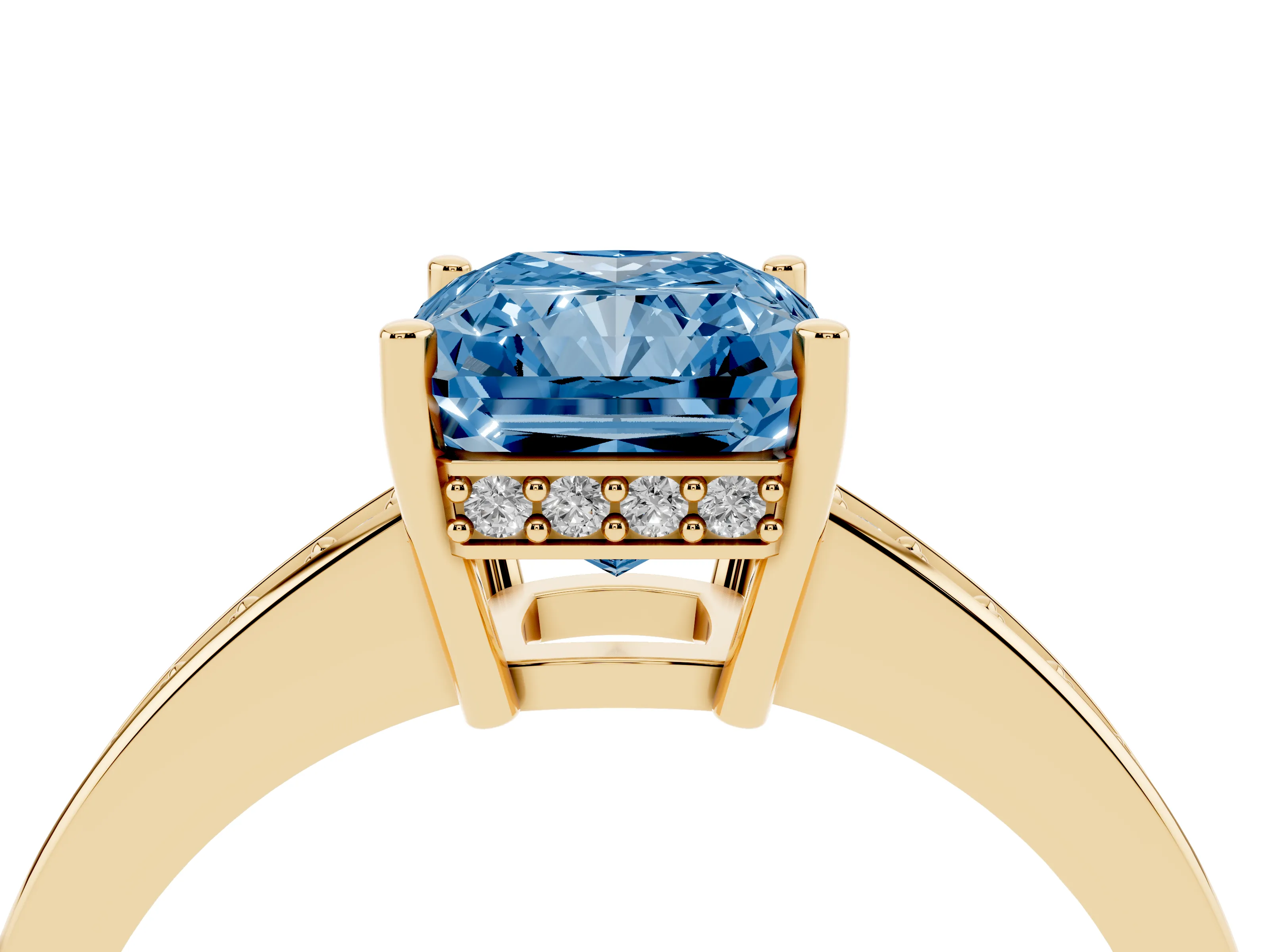 Fancy Blue Radiant Cut Diamond Pavé Band Prong Set Solitaire Ring Set in Yellow gold