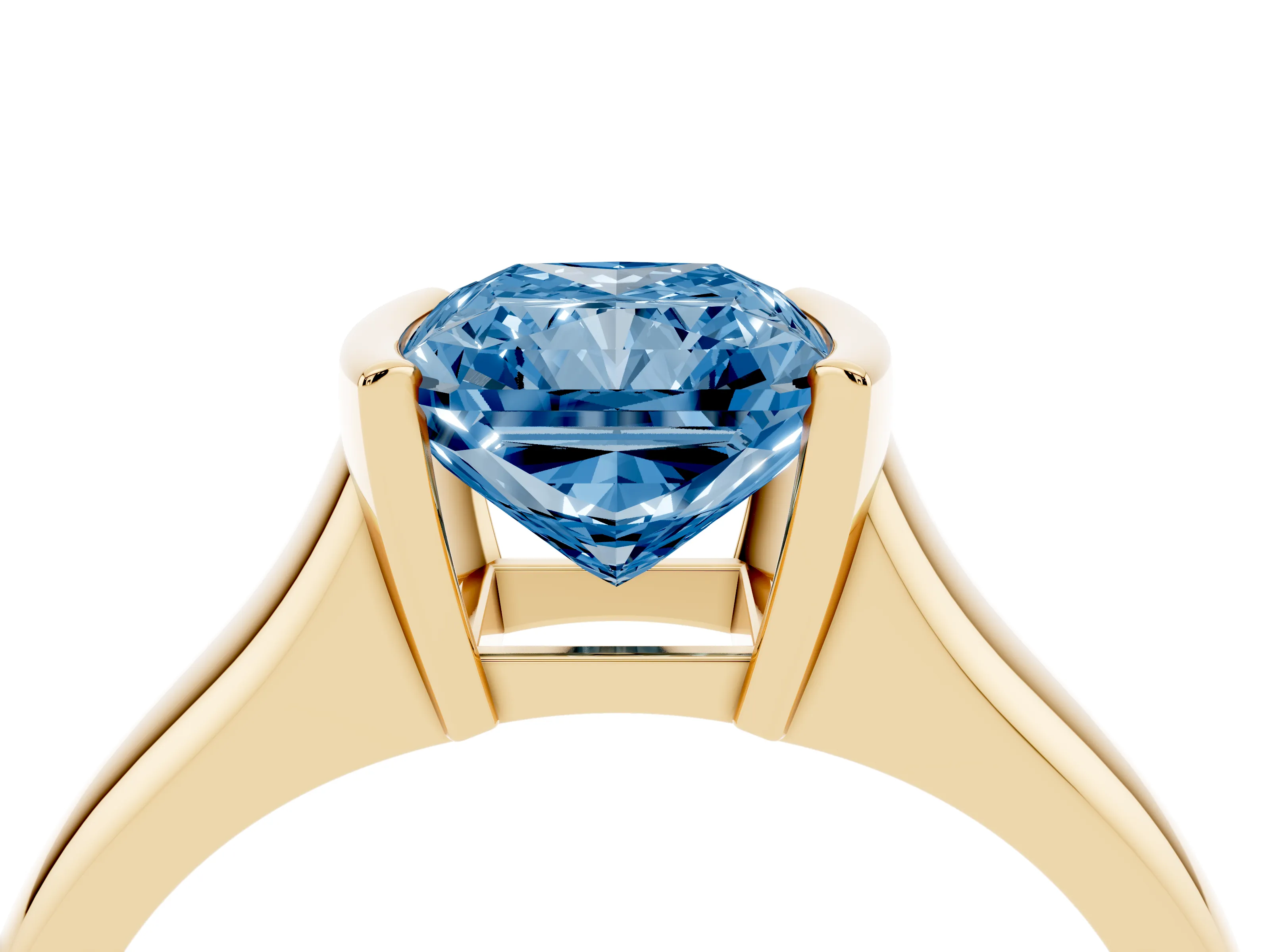 Fancy Blue Radiant Cut Diamond Solitaire Tension Set Ring Set in Yellow gold with Split Shank Band