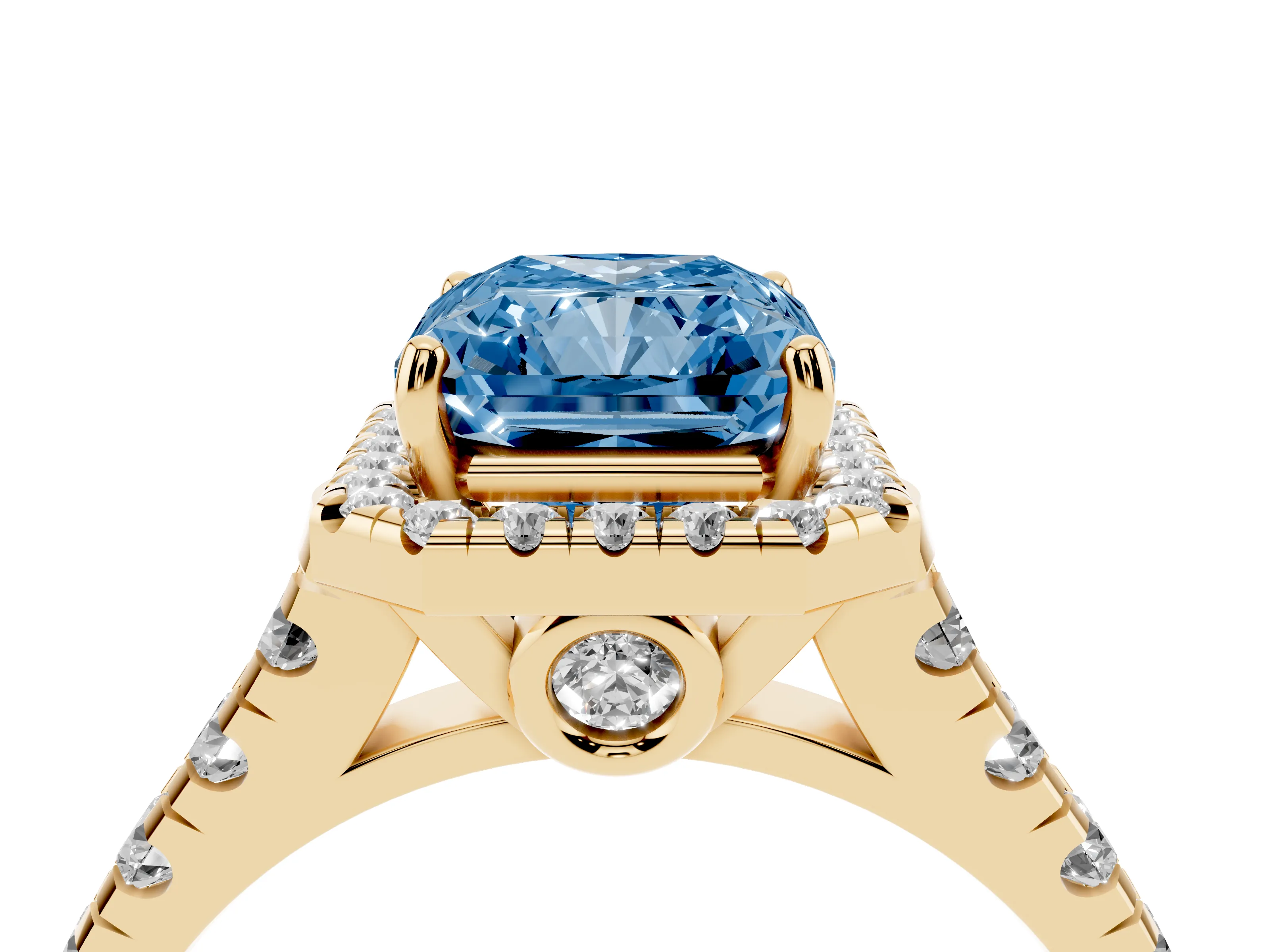Fancy Blue Radiant Cut Diamond Halo Engagement Ring Set in Yellow gold with Pavé Band and Prong-Set Center