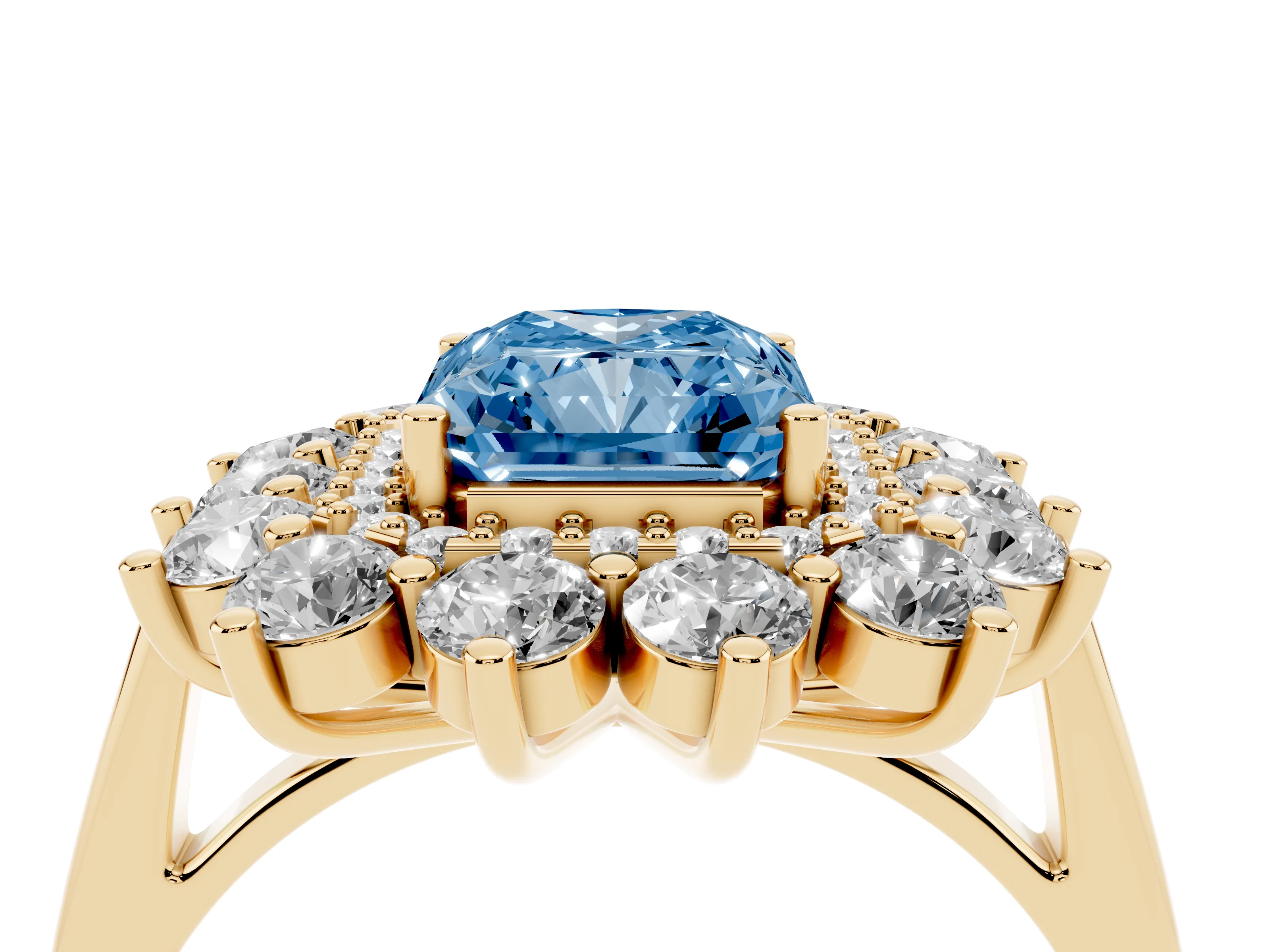 Fancy Blue Radiant Cut Diamond Floral Double Halo Ring Set in Yellow gold with Round Petals