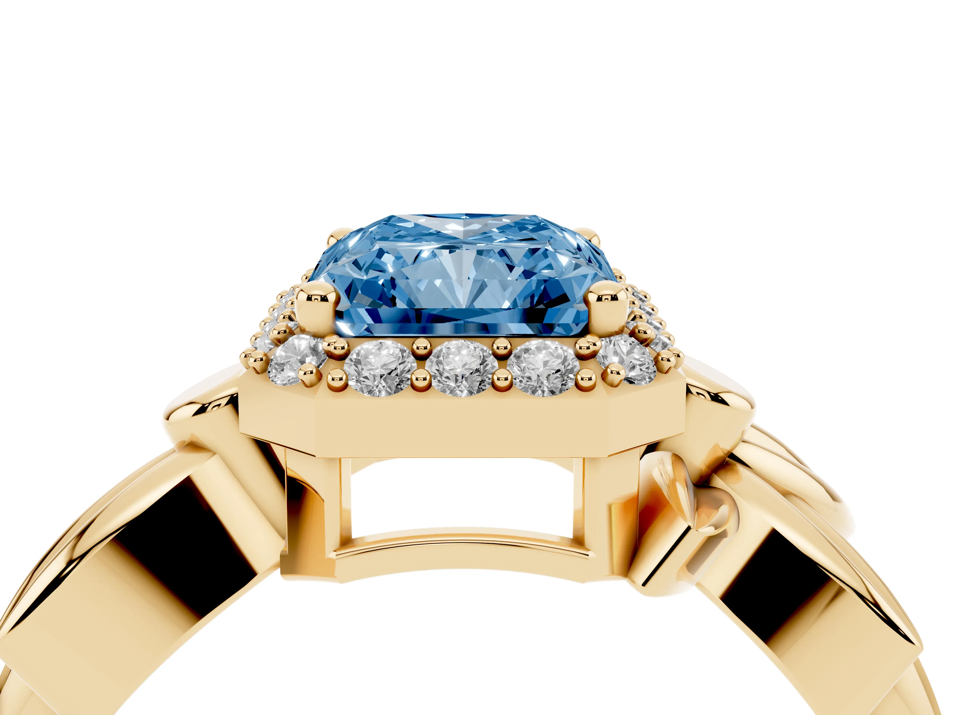 Fancy Blue Radiant Cut Diamond Halo Floral Band Ring Set in Yellow gold with Prong Setting