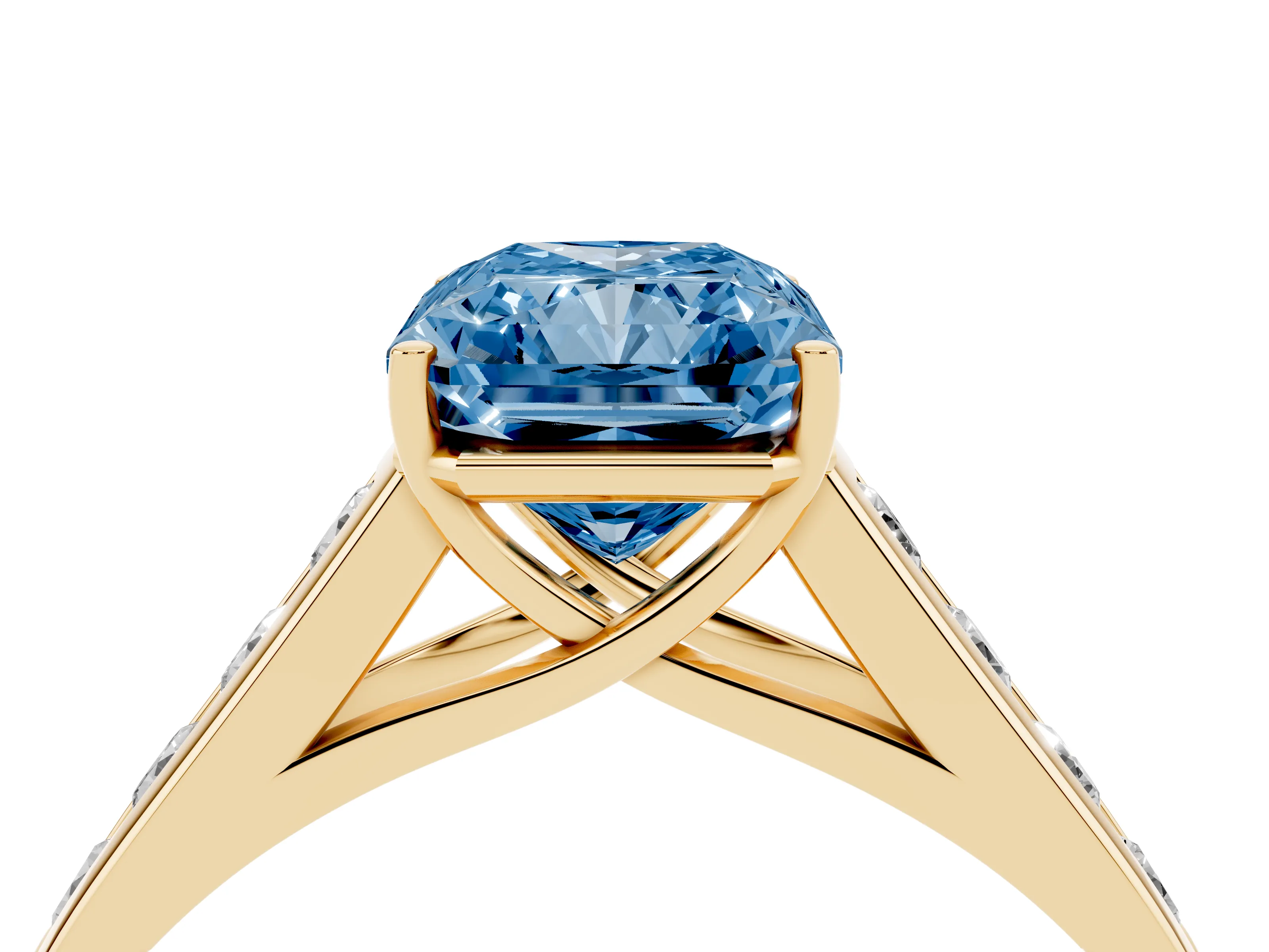 Fancy Blue Radiant Cut Diamond Brilliant Channel-Set Solitaire Ring Set in Yellow gold with Prong Setting