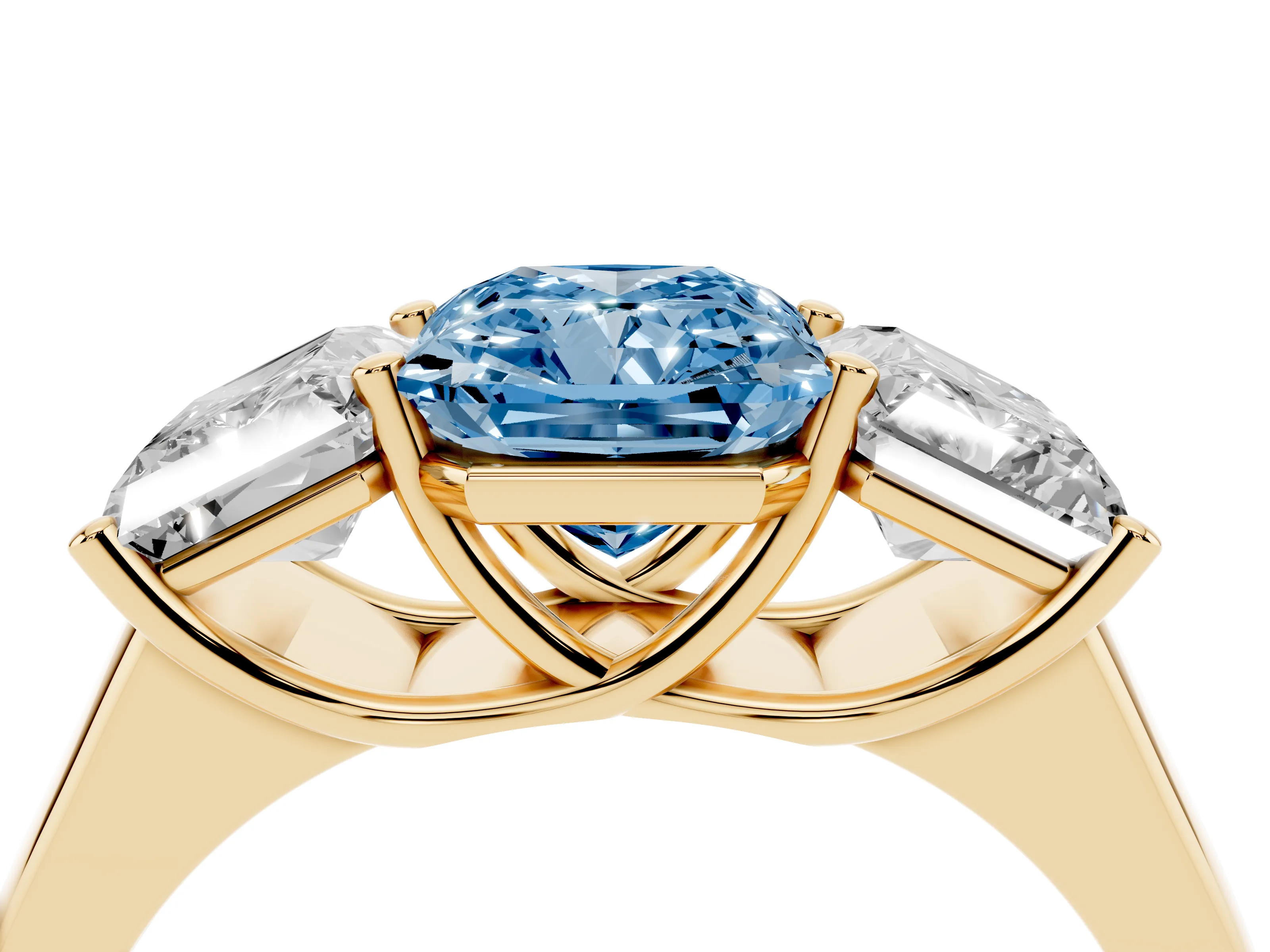 Fancy Blue Radiant Cut Diamond Three-Stone Ring Set in Yellow gold with Plain Polished Band