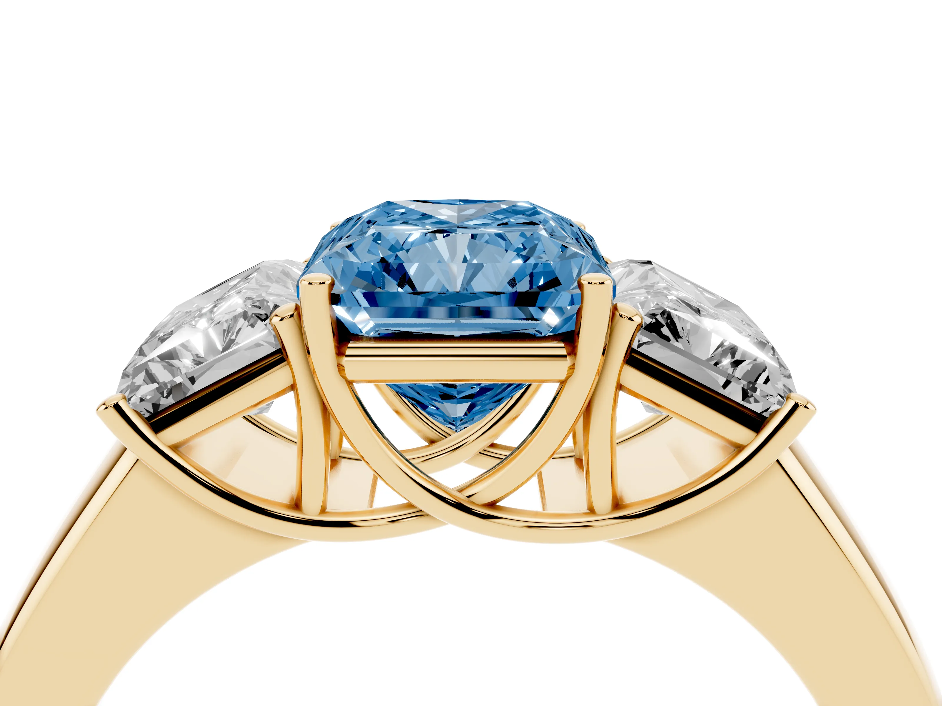 Fancy Blue Three-Stone Radiant Cut Diamond Ring Set in Yellow gold with Matching Prong Settings and Plain Band
