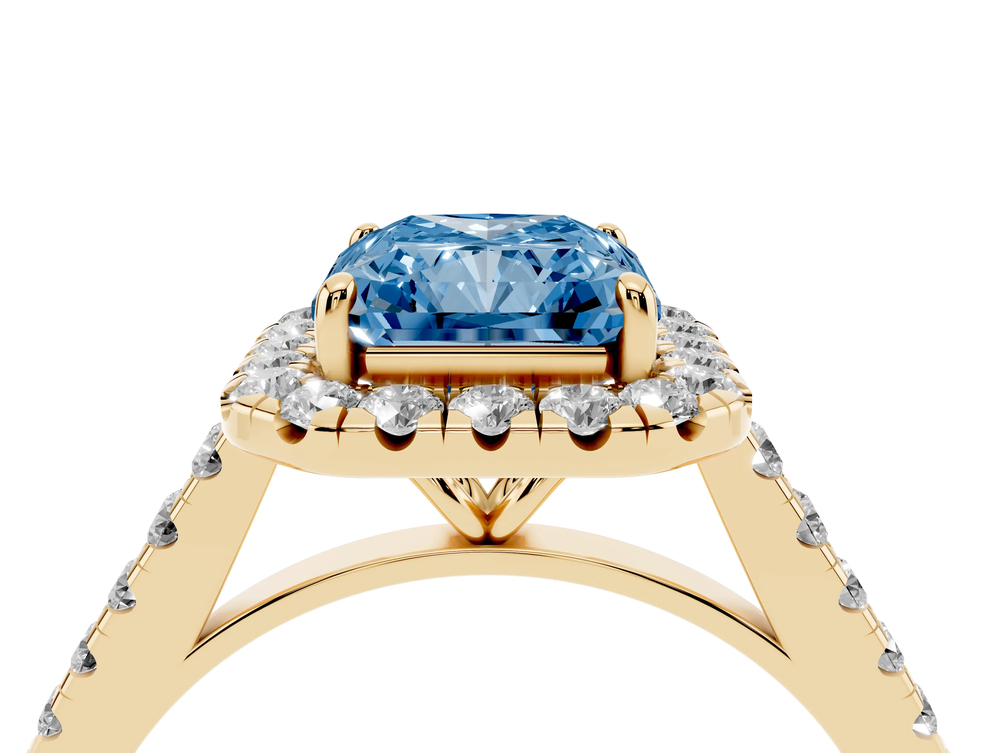 Fancy Blue Radiant Cut Diamond Halo Pavé Engagement Ring Set in Yellow gold with Prong Setting