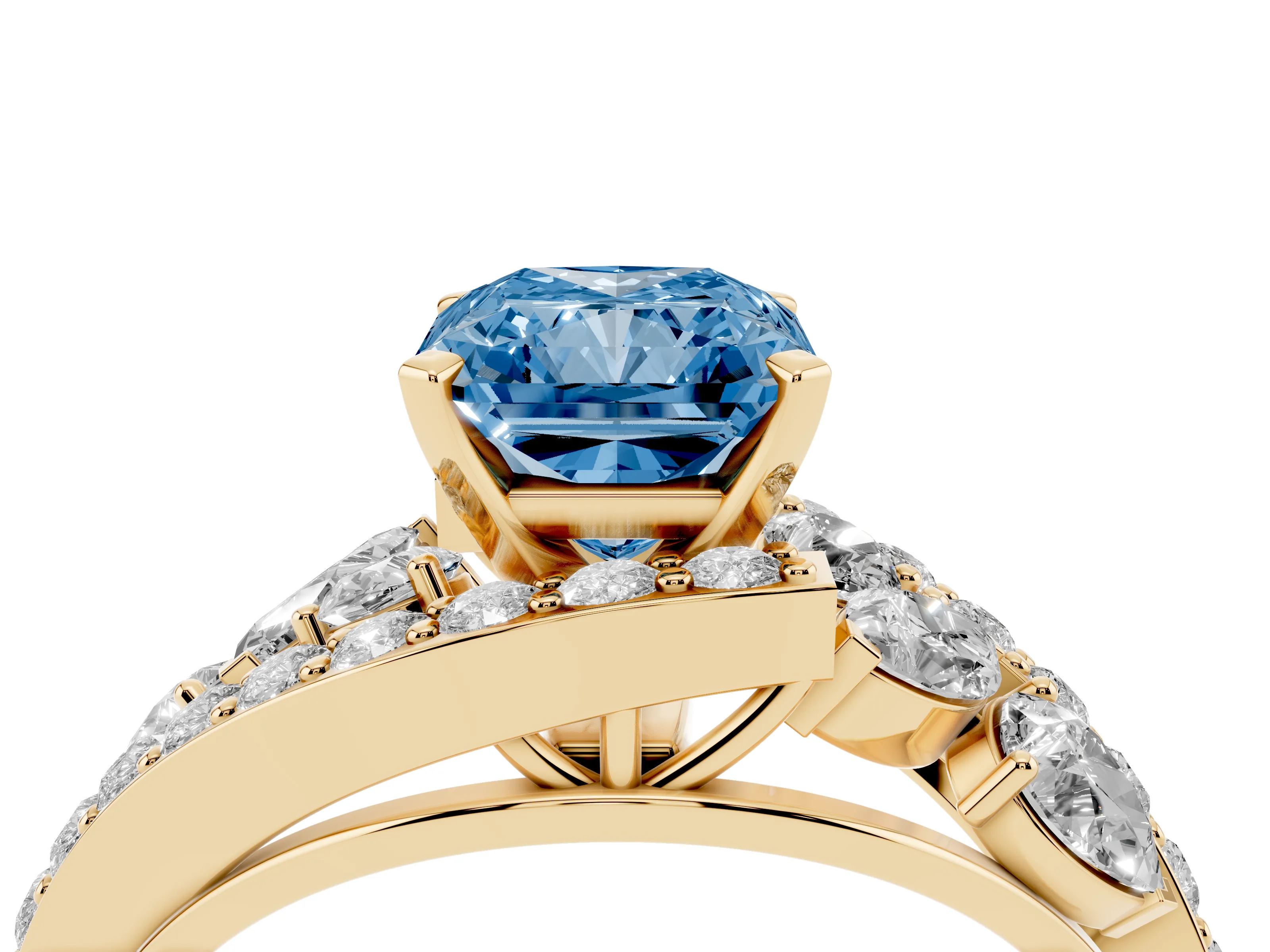 Fancy Blue Radiant Cut Diamond Halo Ring Set in Yellow gold with Marquise and Pavé Band in Prong Setting