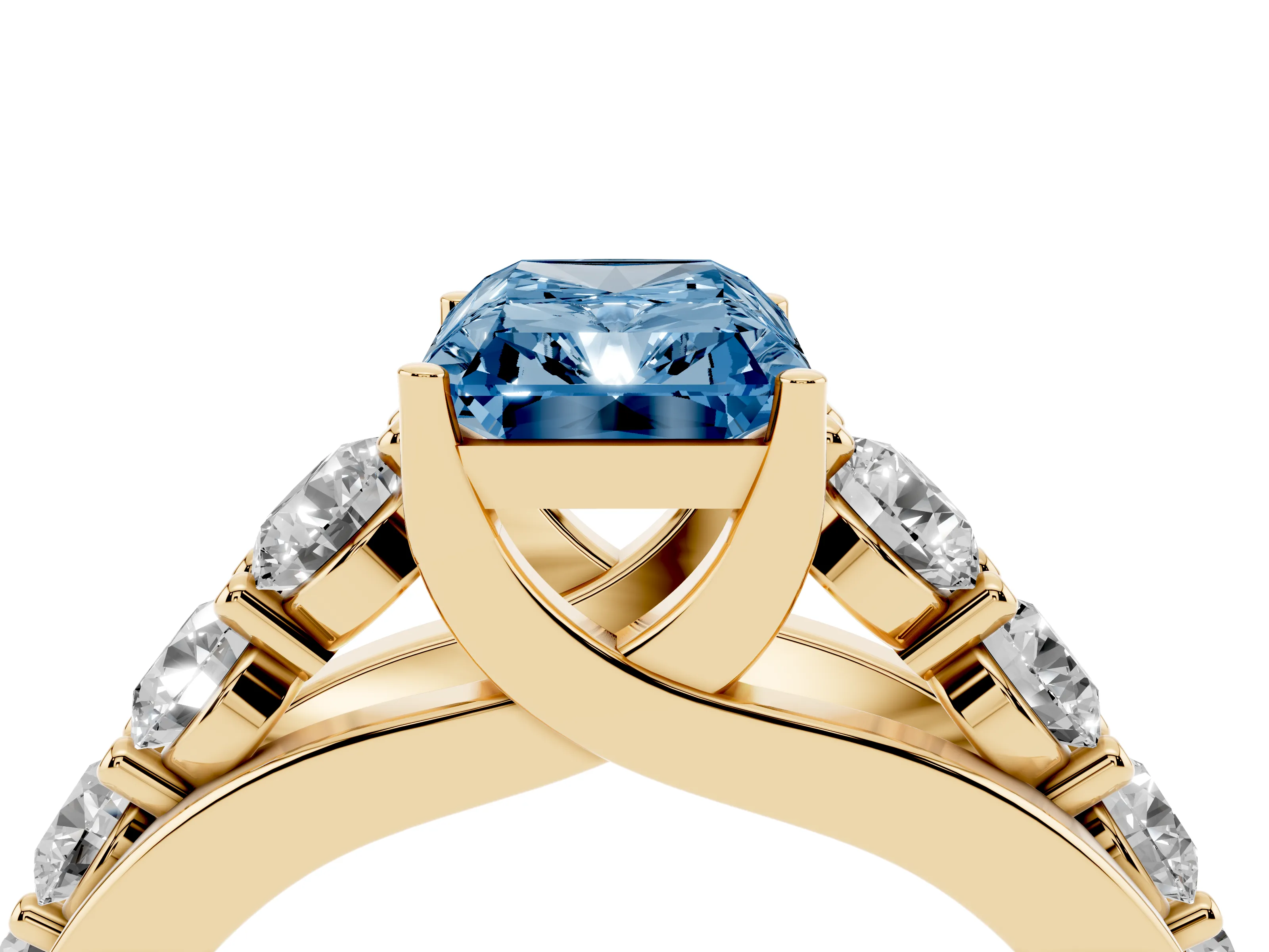 Fancy Blue Radiant Cut Diamond Pavé Engagement Ring Set in Yellow gold with Prong Setting