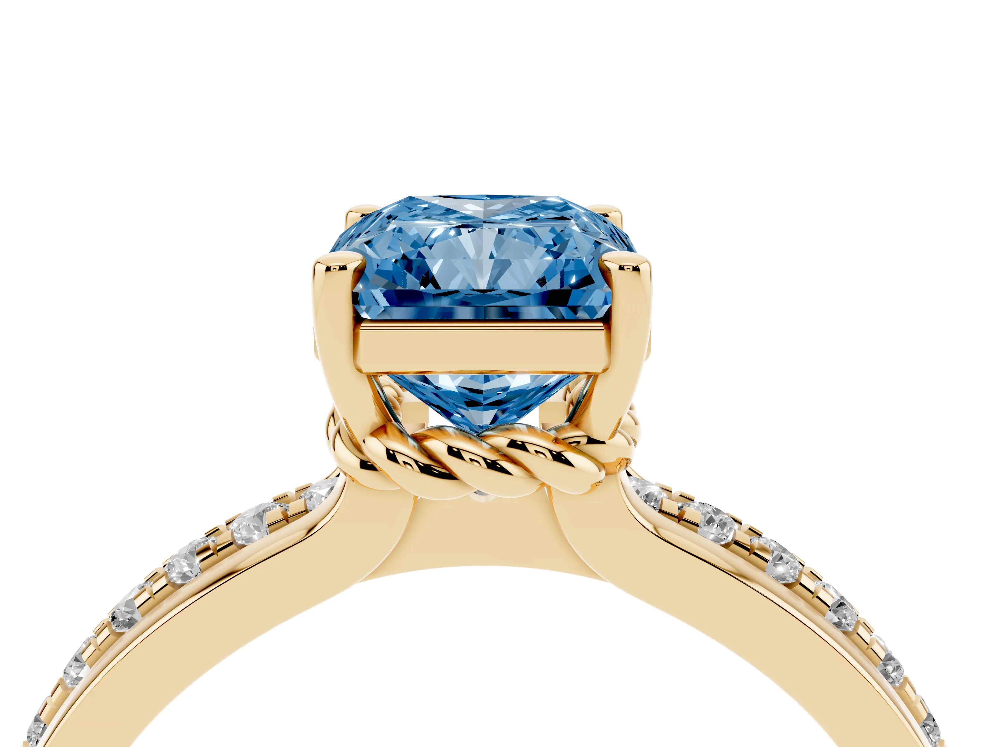 Fancy Blue Radiant Cut Diamond Solitaire Ring Set in Yellow gold with Channel Set Band and Prong Setting