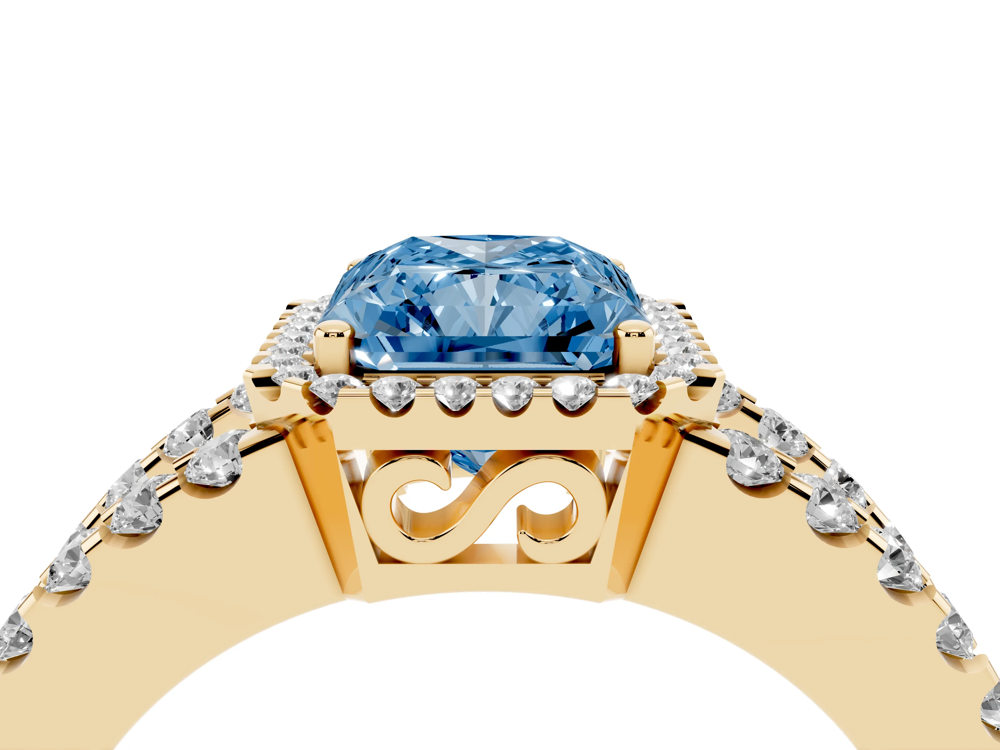 Fancy Blue Radiant Cut Diamond Halo Ring Set in Yellow gold with Pavé Split Shank and Prong Setting